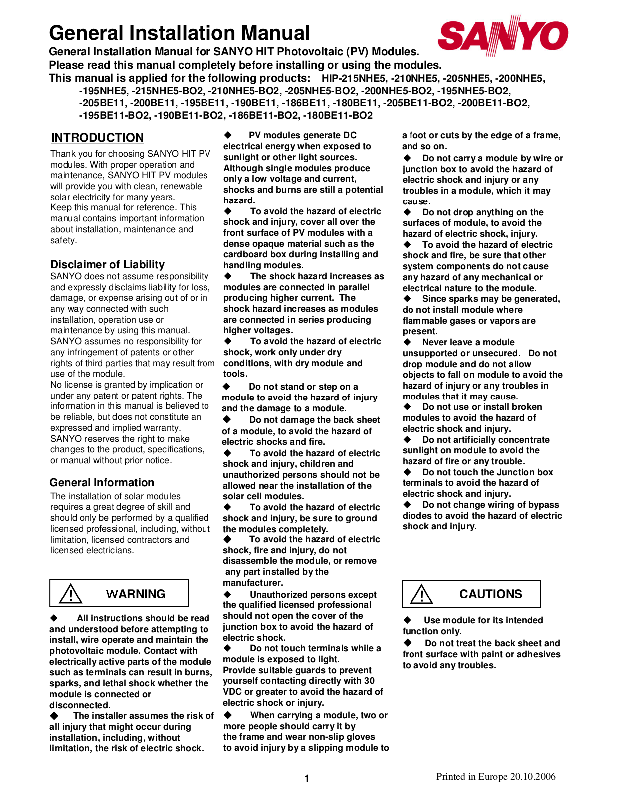 Sanyo HIP-215NHE5 User Manual