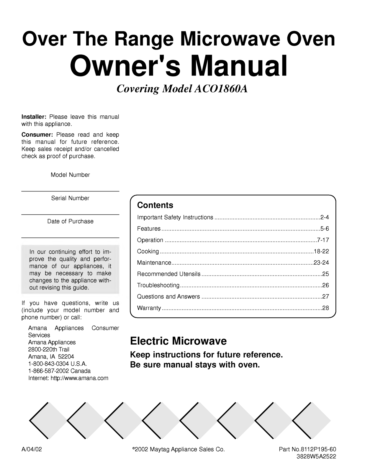 LG ACO1860AB, ACO1860AC, ACO1860AW, ACO1860AS User Manual