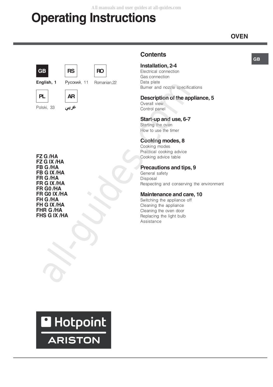 Hotpoint Ariston FZ G/HA, FR G IX/HA, FR G0/HA, FZ G IX/HA, FB G/HA Operating Instructions Manual