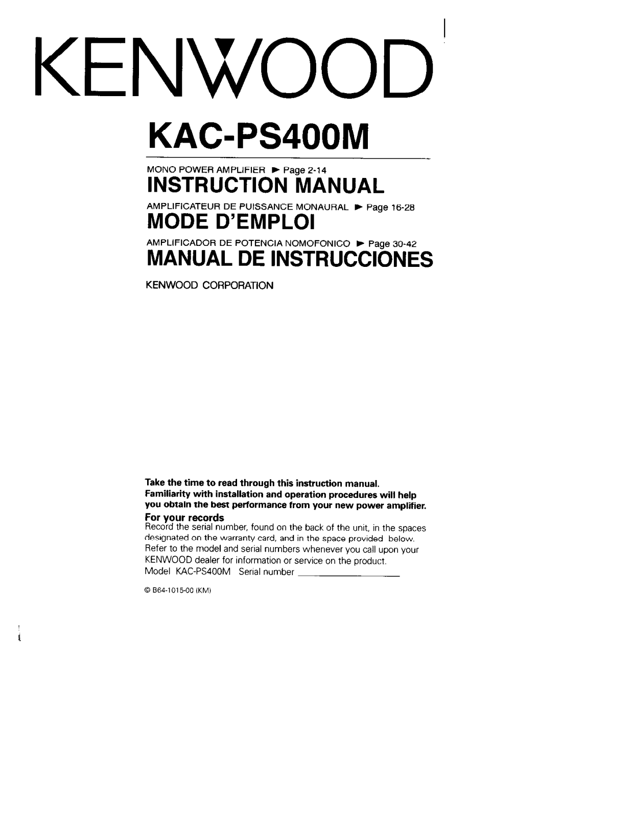 Kenwood KAC-PS400M Owner's Manual