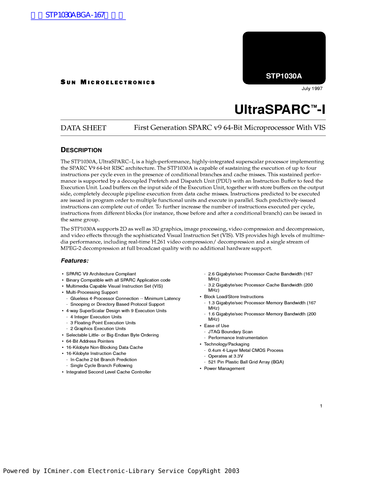 Sun MICROELECTRONICS STP1030A Technical data