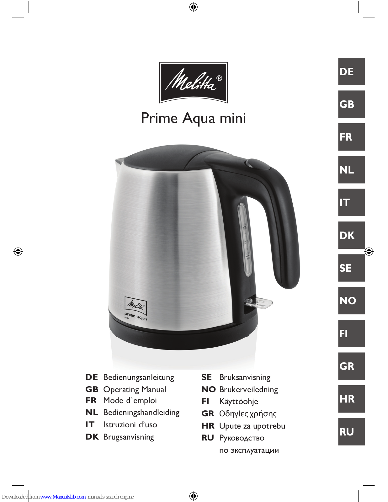 Melitta Prime Aqua Operating Manual