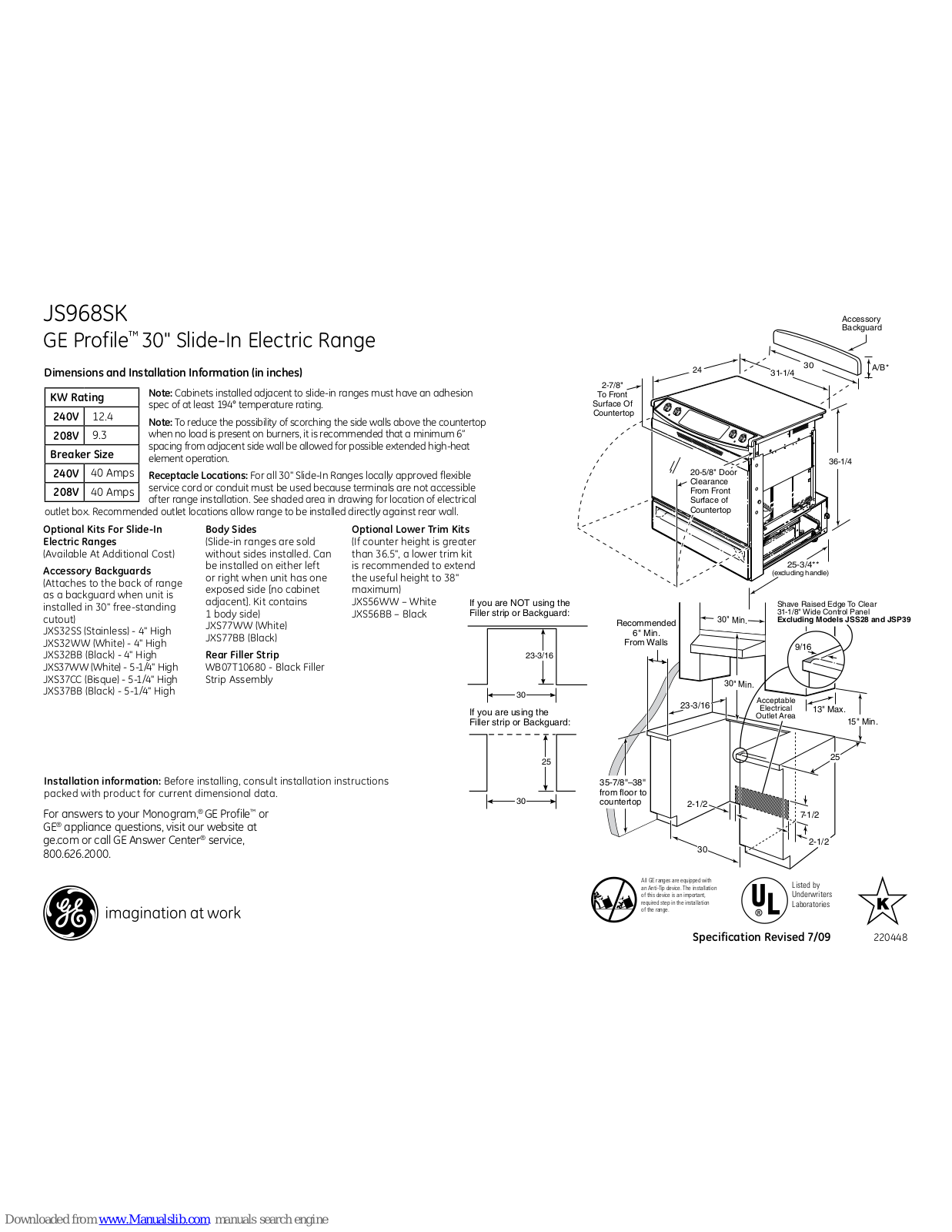 GE Profile JS968SKSS, Profile JS968SK Dimensions And Installation Information