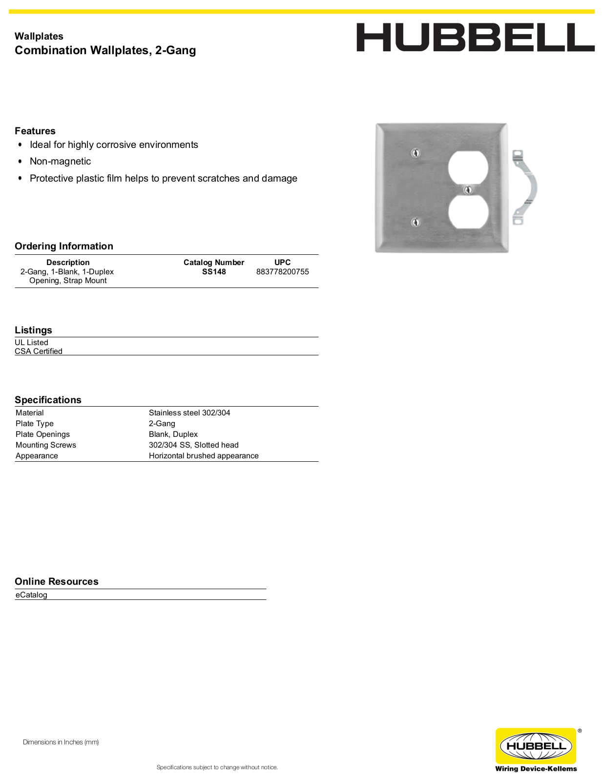 Hubbell SS148 Specifications