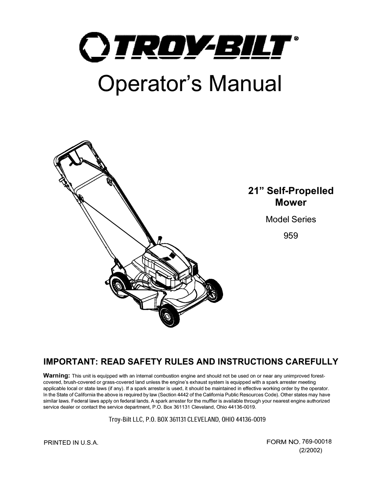 Troybilt 959, 12A-959K063 Owner’s Manual