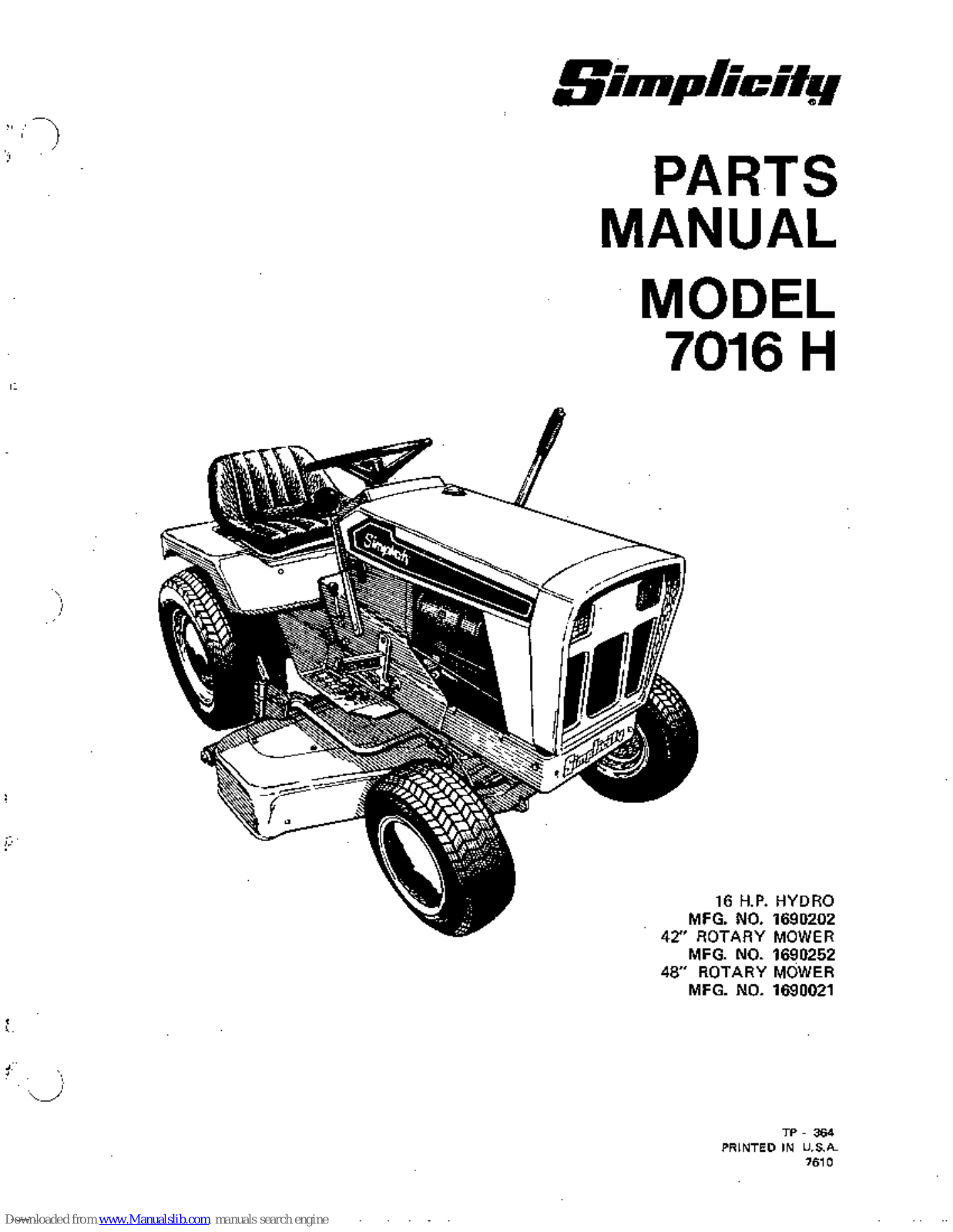 Simplicity 1690202, 1690252, 1690021 Parts Manual