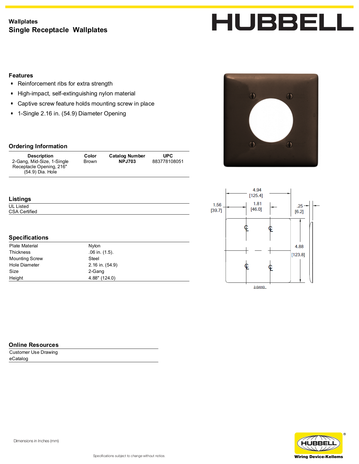 Hubbell NPJ703 Specifications