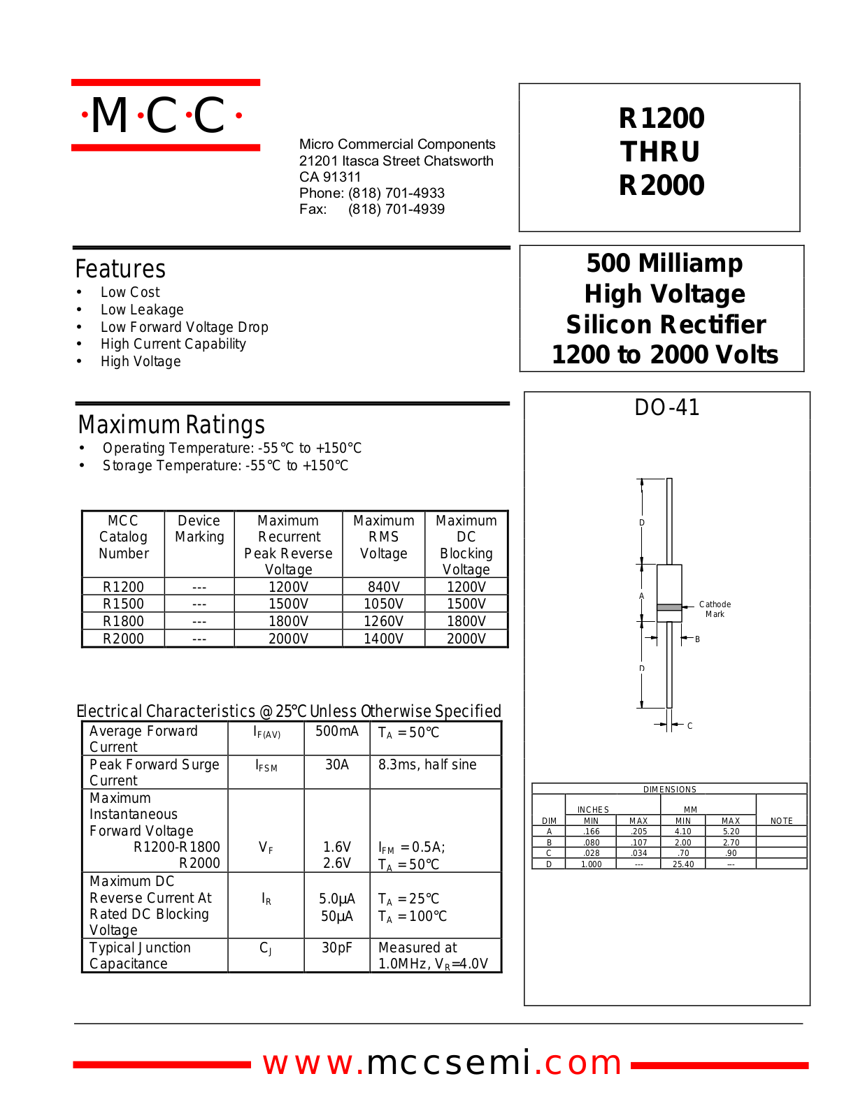 MCC R1200, R1500, R2000, R1800 Datasheet