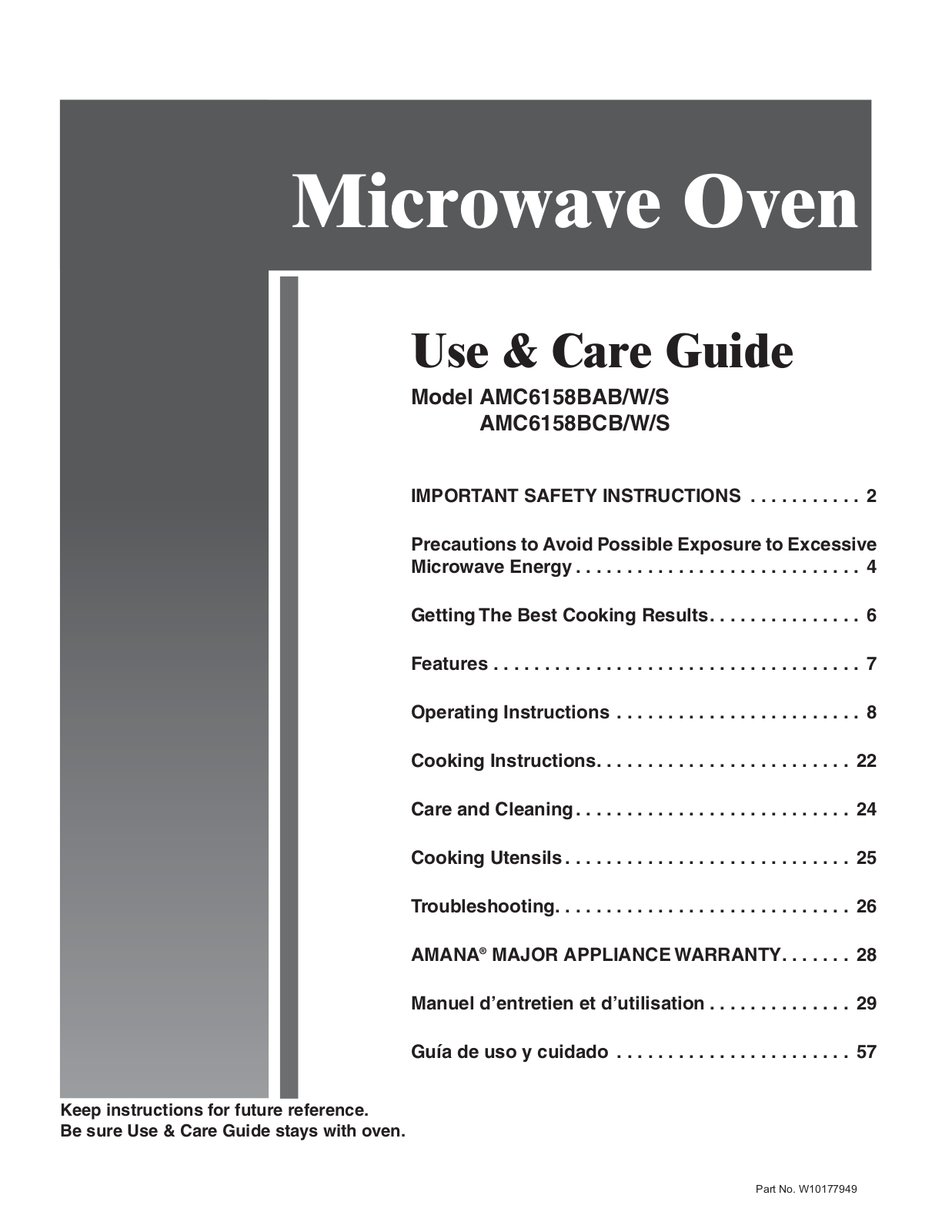 Amana AMC6158BAB, AMC6158BAS, AMC6158BAW, AMC6158BCB, AMC6158BCS Owner's Manual