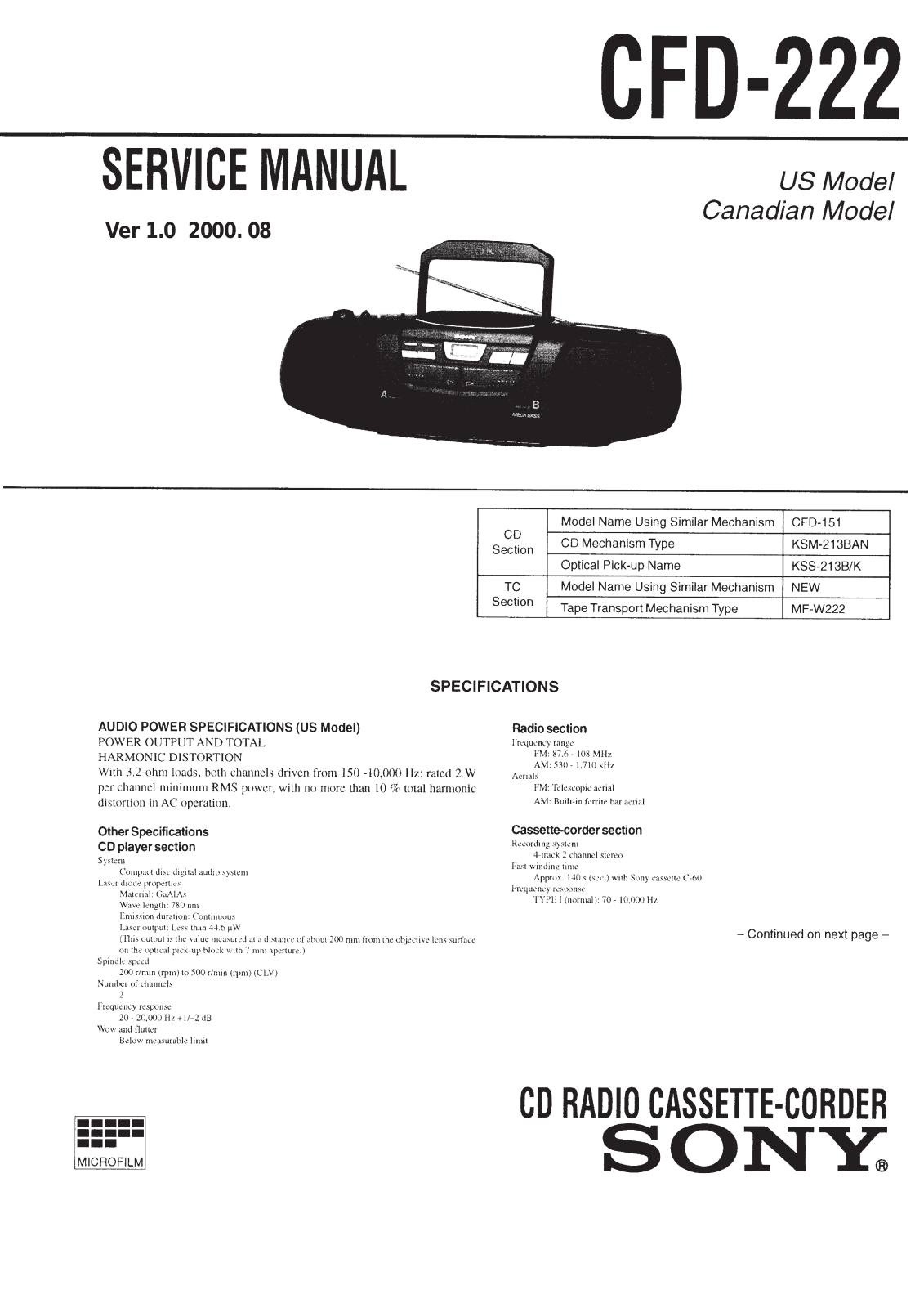 Sony CFD-222 Service Manual