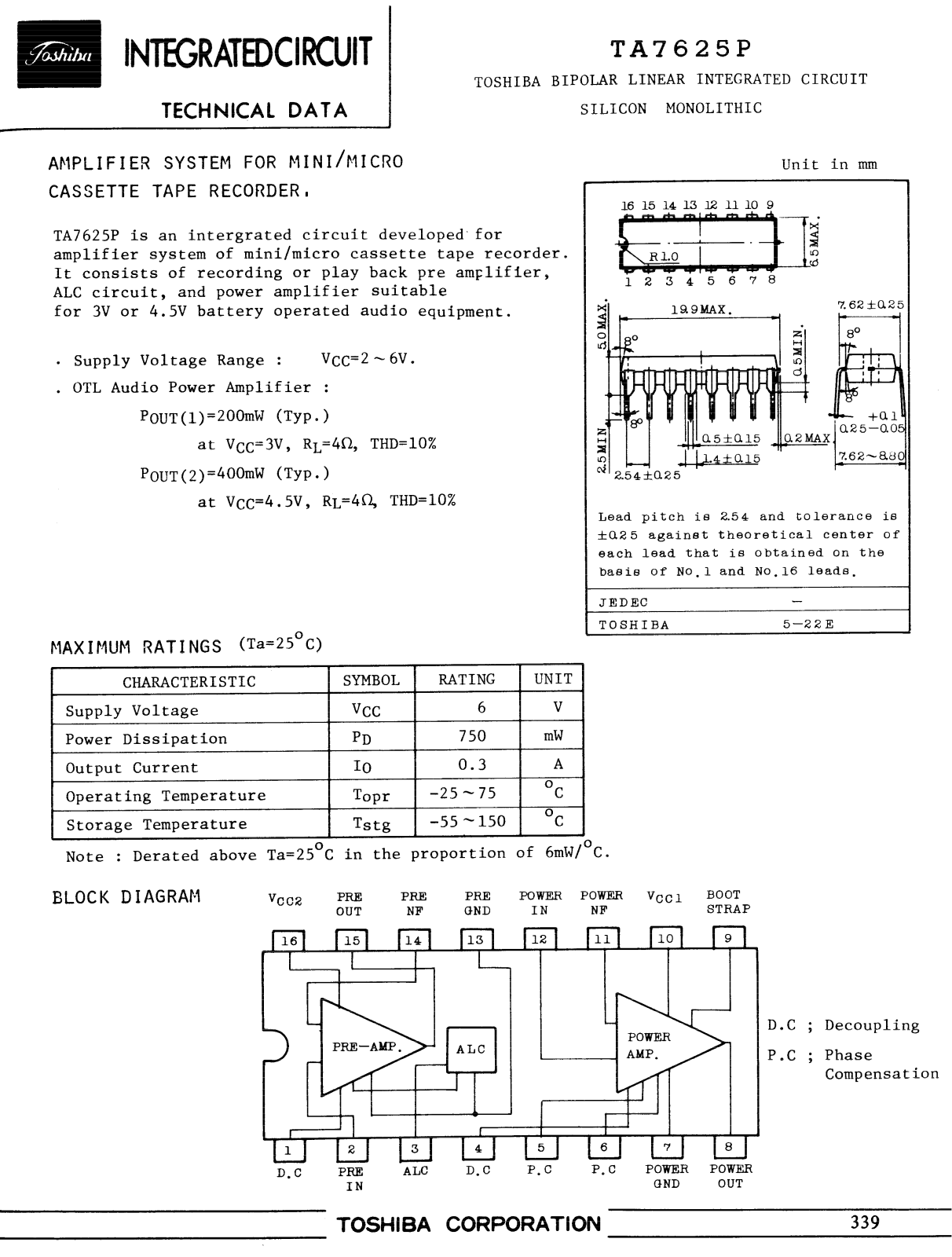 Datasheet TA7625P Specification - ManualMachine.com