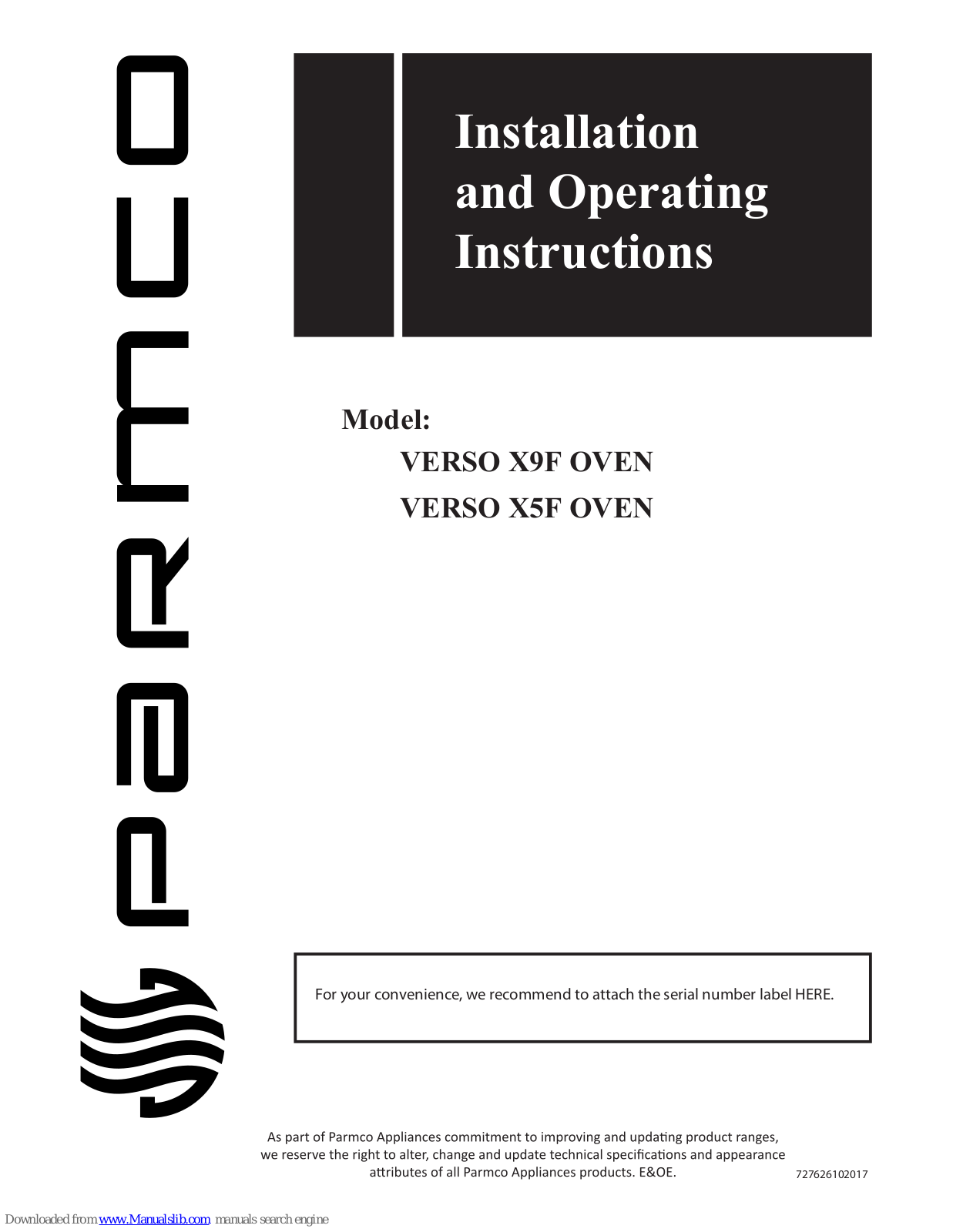 Parmco VERSO X9F, VERSO X5F Installation And Operating Instructions Manual