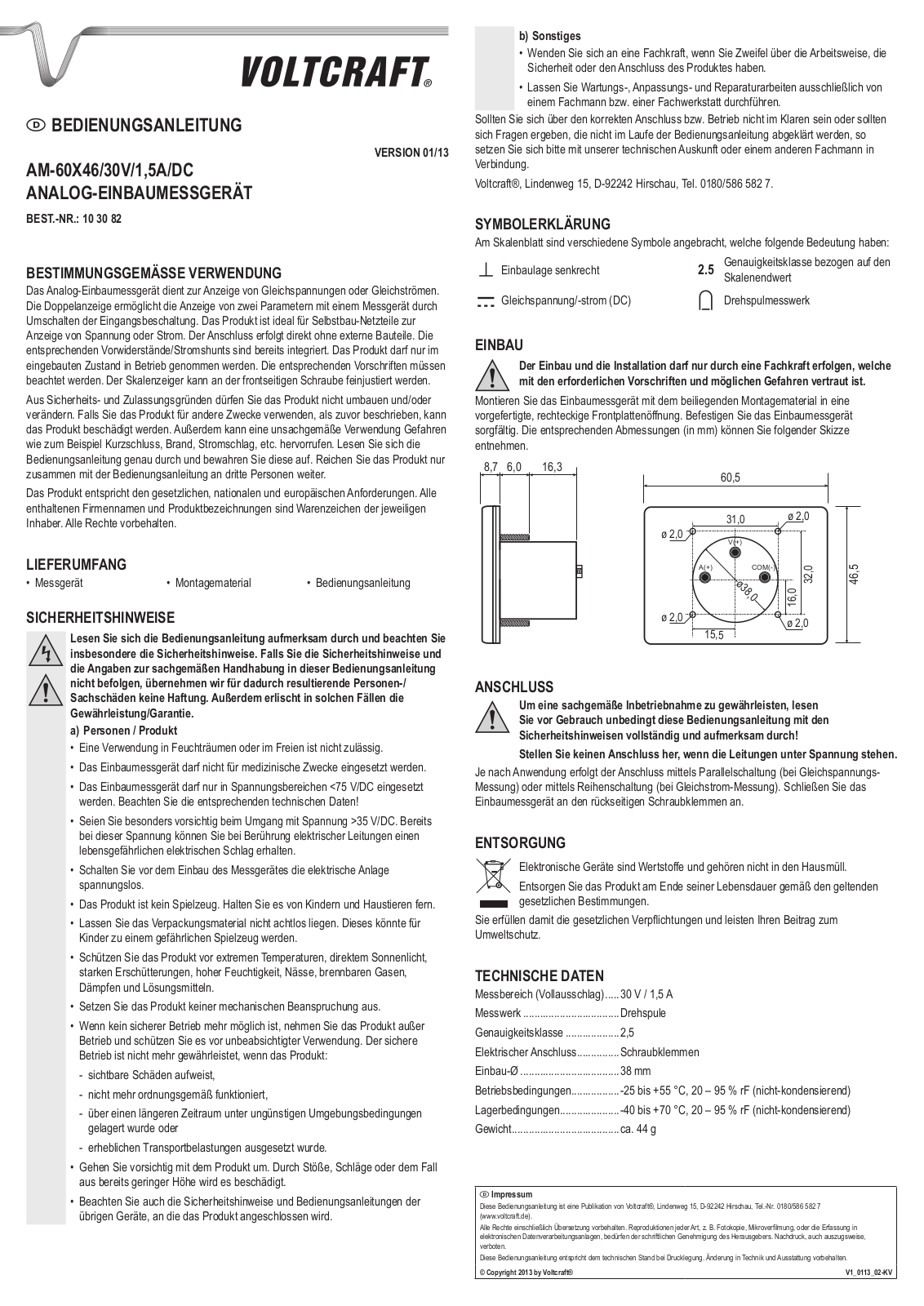 VOLTCRAFT AM-60X46/30V/1.5A/DC User guide