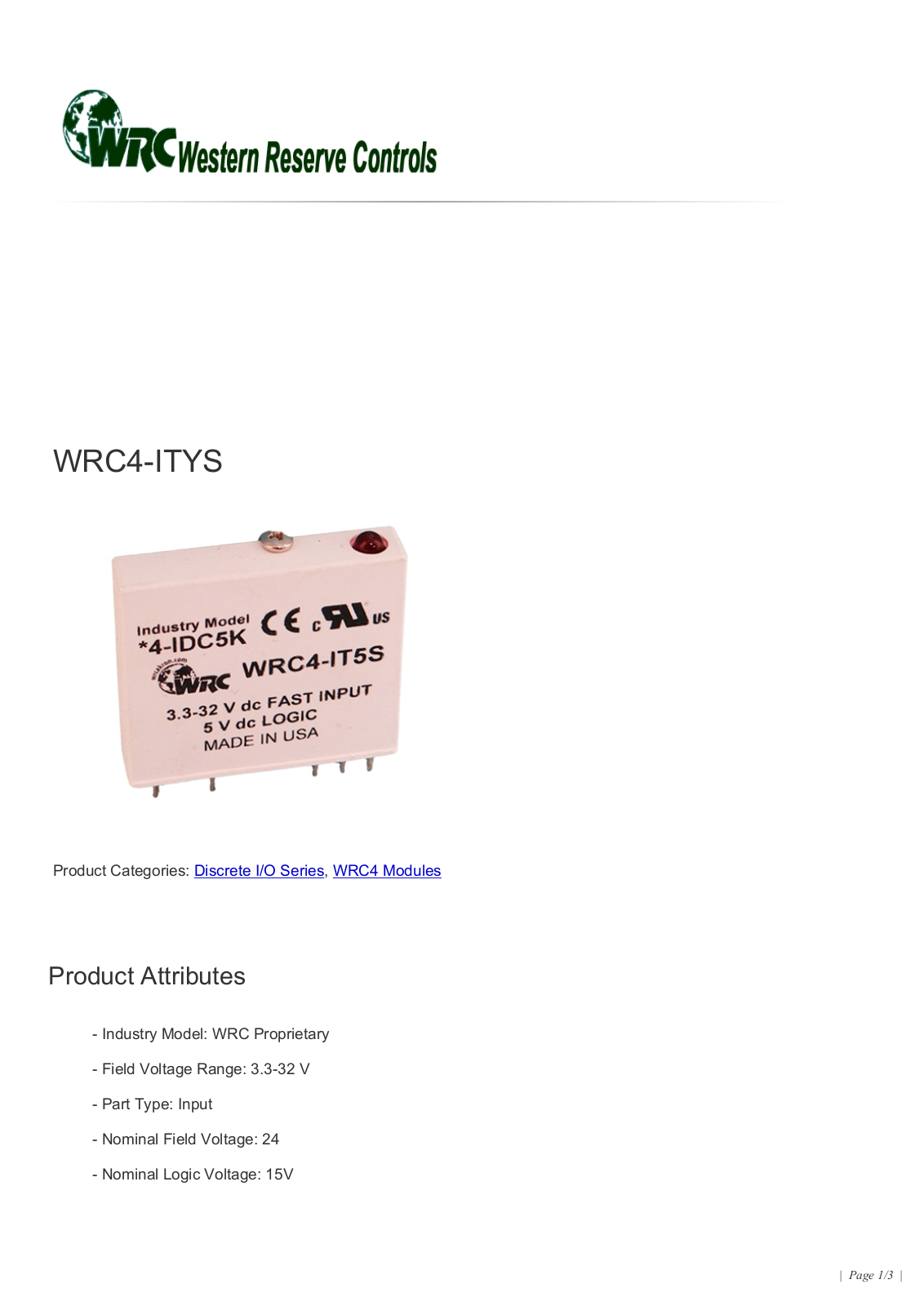 Western Reserve Controls WRC4-ITYS Data Sheet