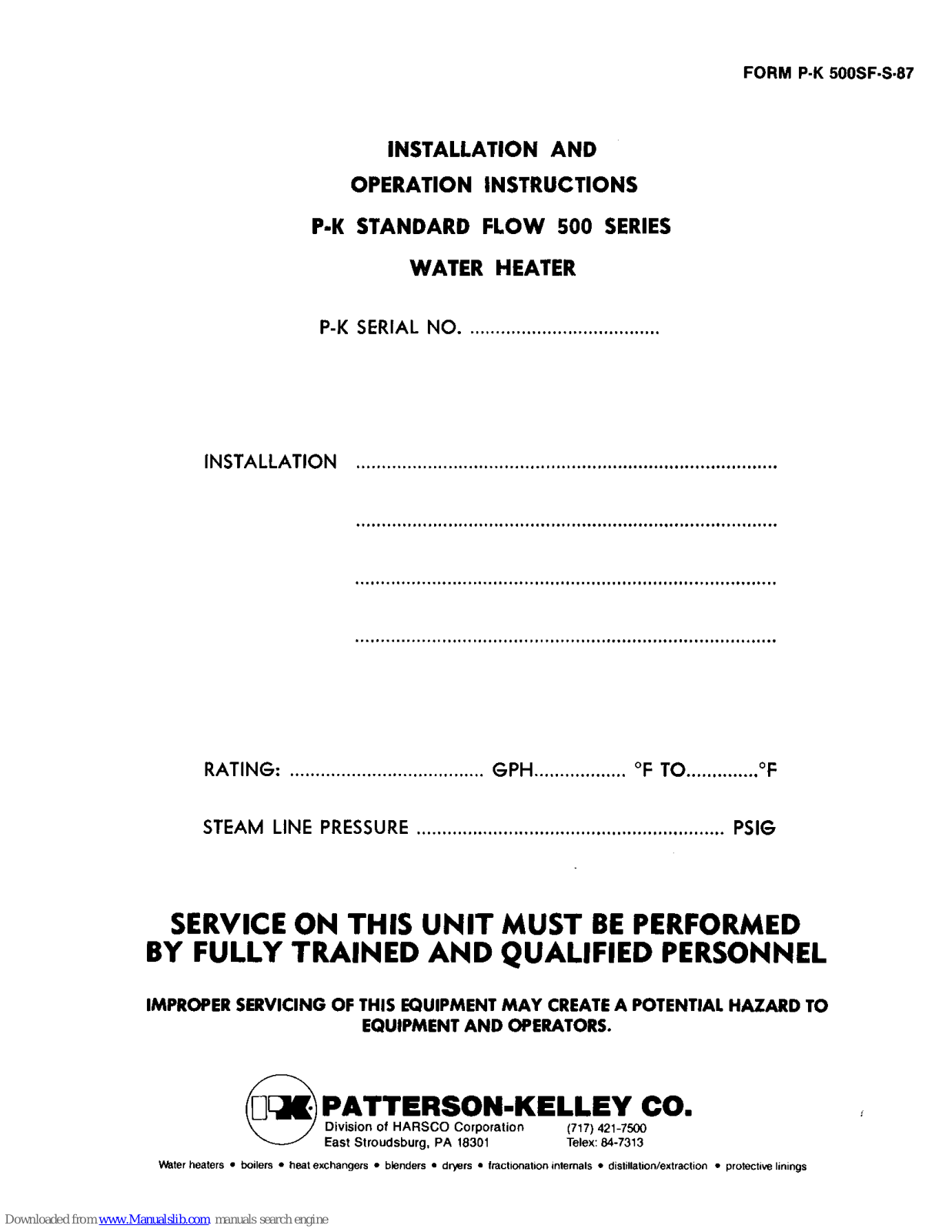 Patterson-Kelley P-K 500 Series Installation And Operation Instructions Manual