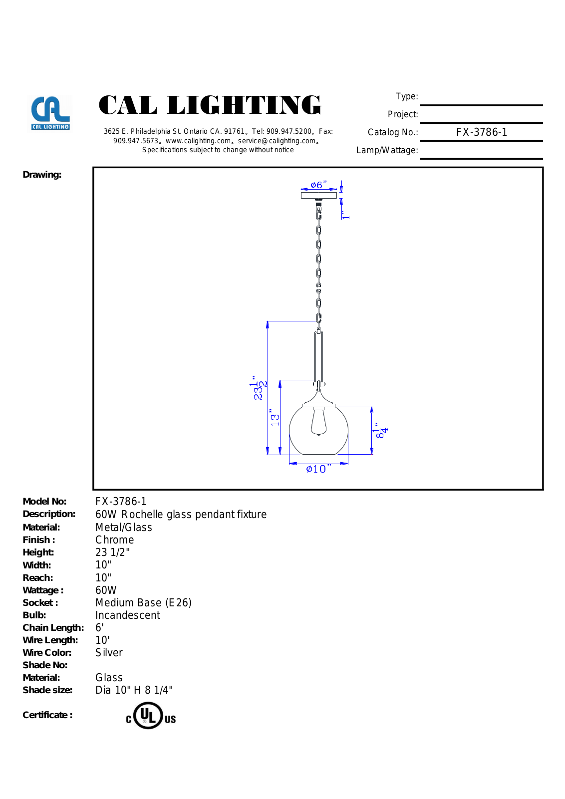 Cal Lighting FX-3786-1 Datasheet - ManualMachine.com