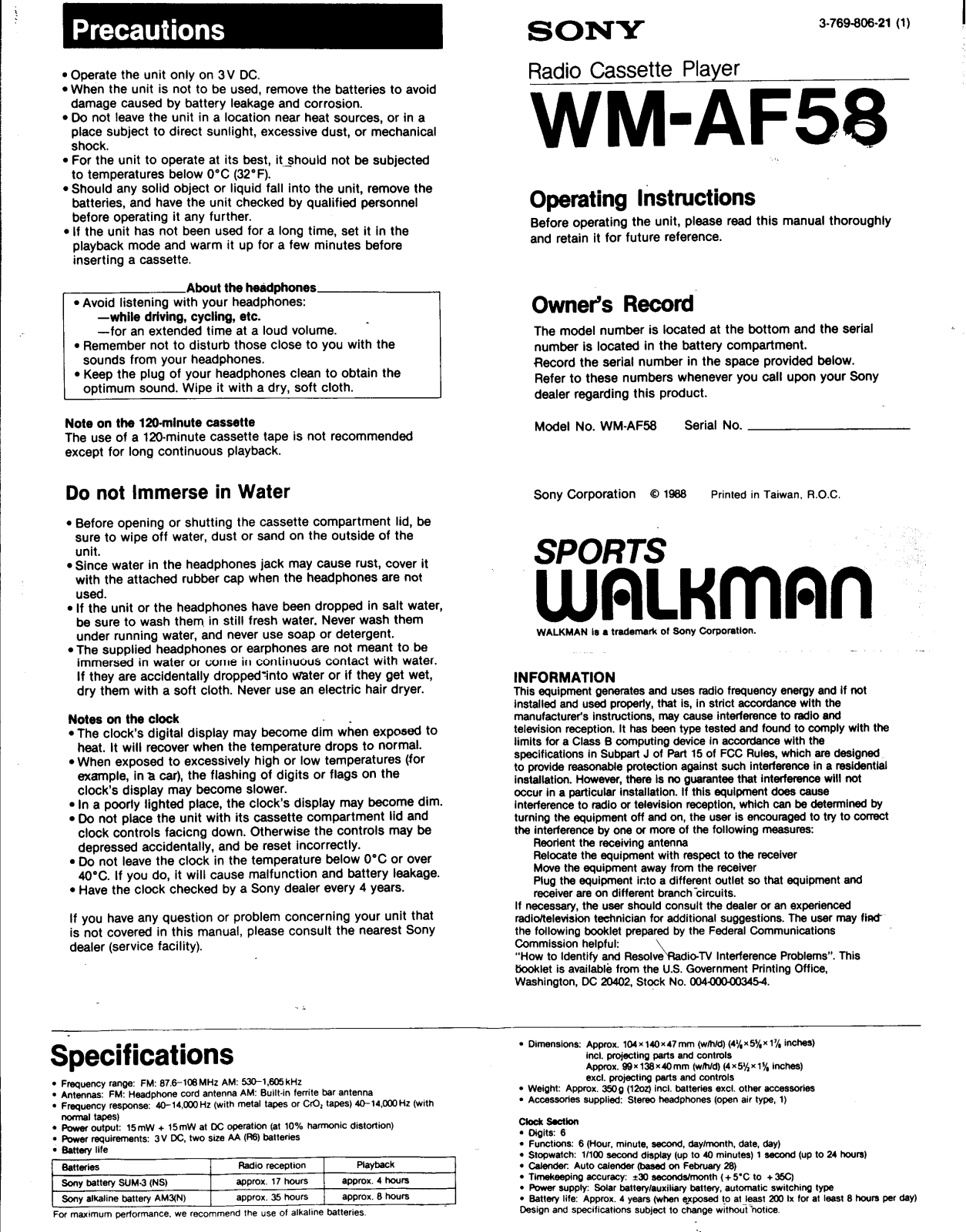 Sony WM-AF58 User Manual