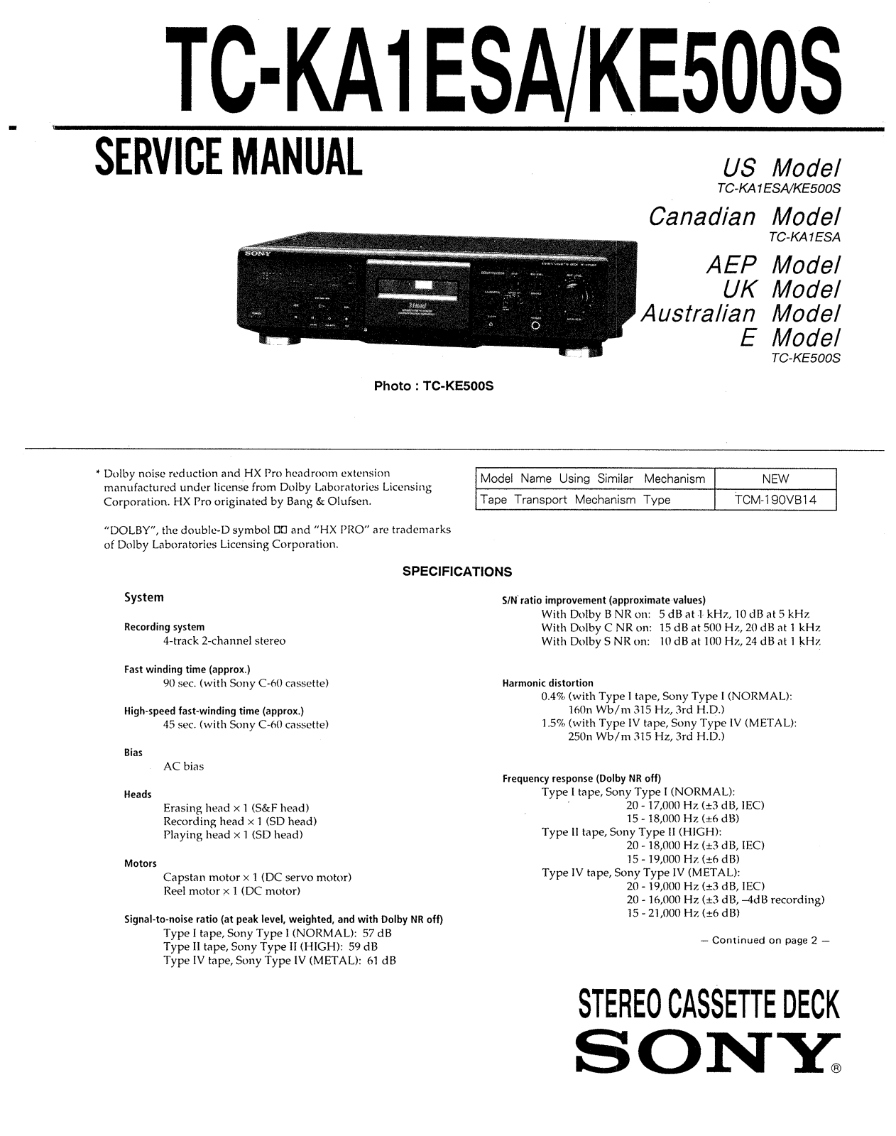 Sony TCKA-1-ESA Service manual