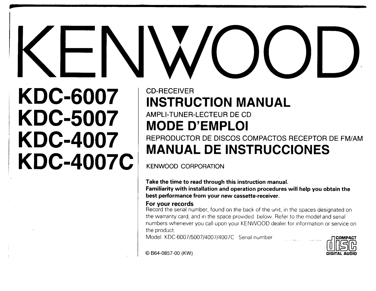 Kenwood KDC-6007, KDC-5007, KDC-4007, KDC-4007C, KDC-4007CP Owner's Manual