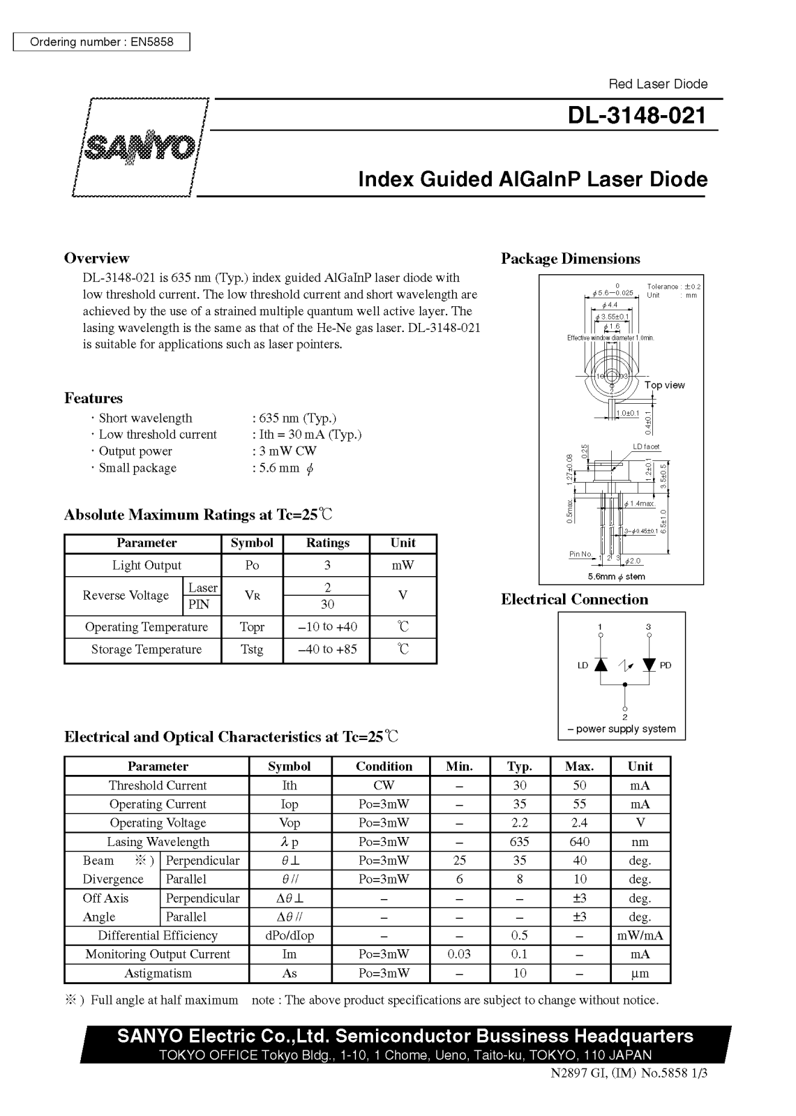 SANYO DL-3148-021 Datasheet