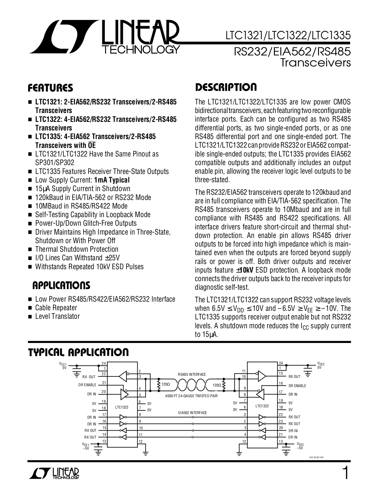 Linear Technology LTC1322IN, LTC1322CS, LTC1335IS, LTC1335CN, LTC1335 Datasheet