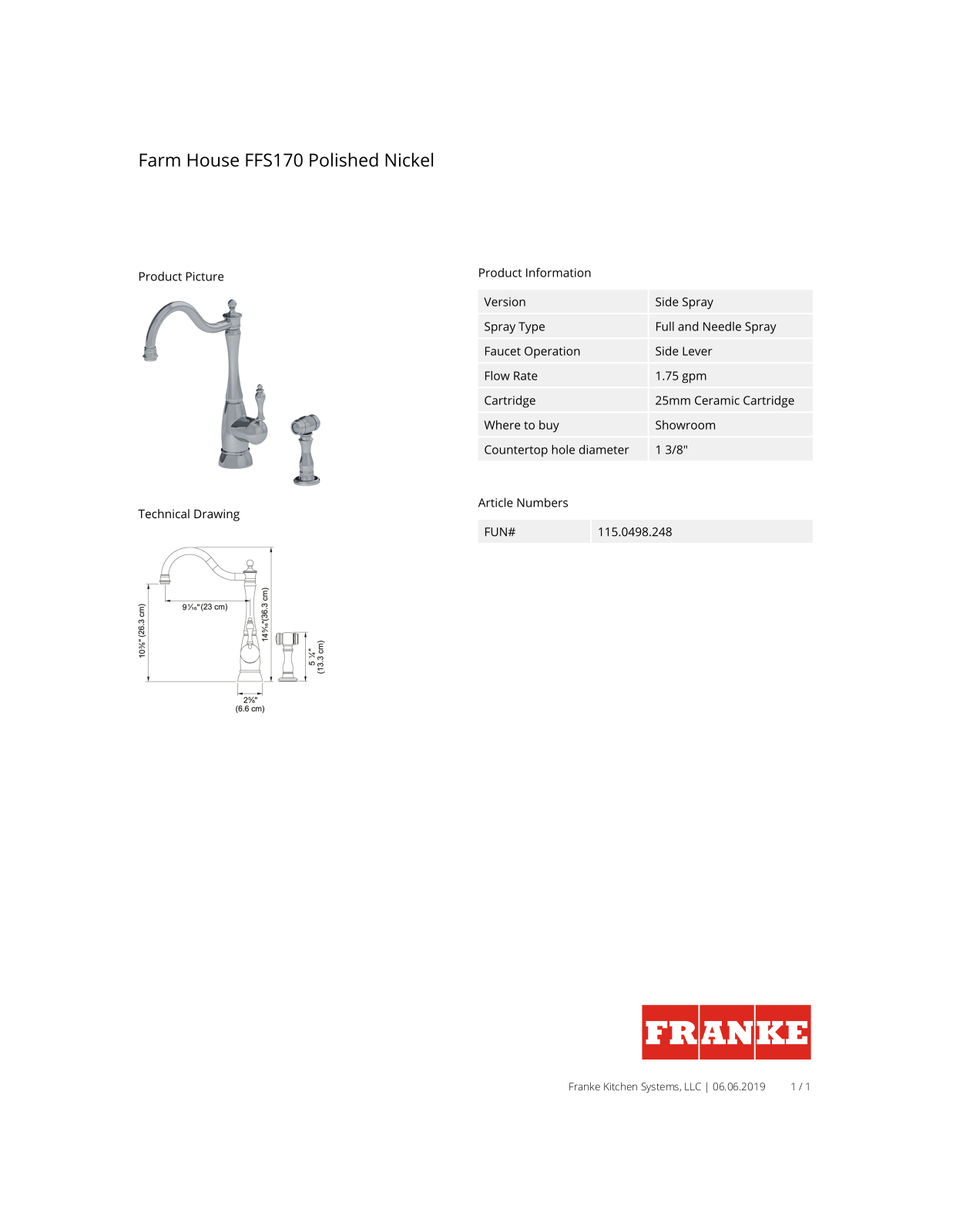 Franke FFS170 Specs