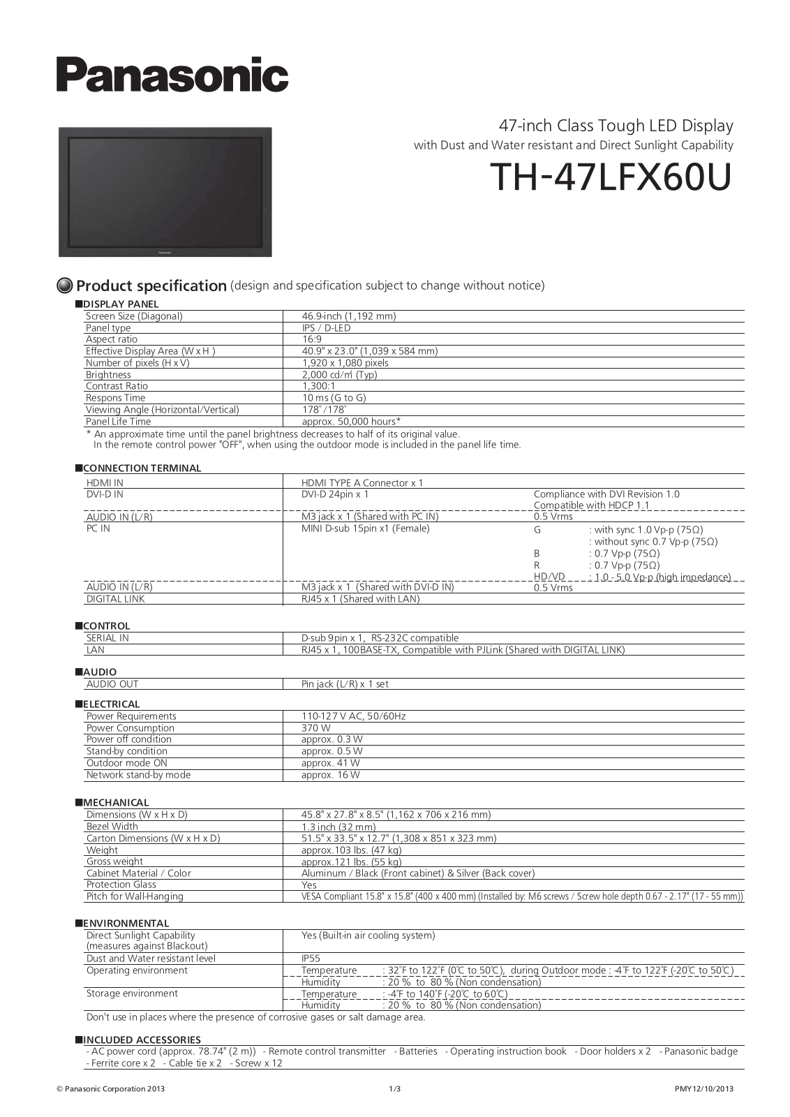 Panasonic TH47LFX60U Specifications