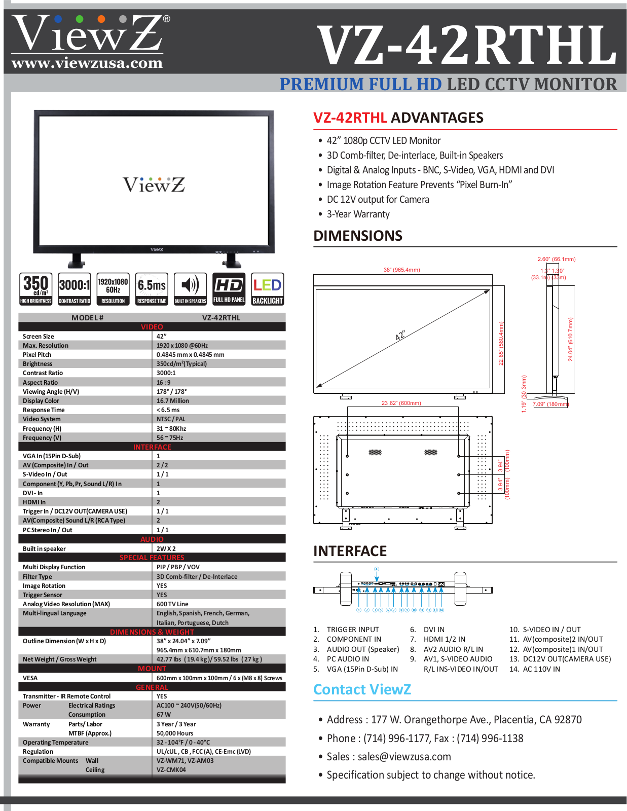 ViewZ VZ-42RTHL Specsheet