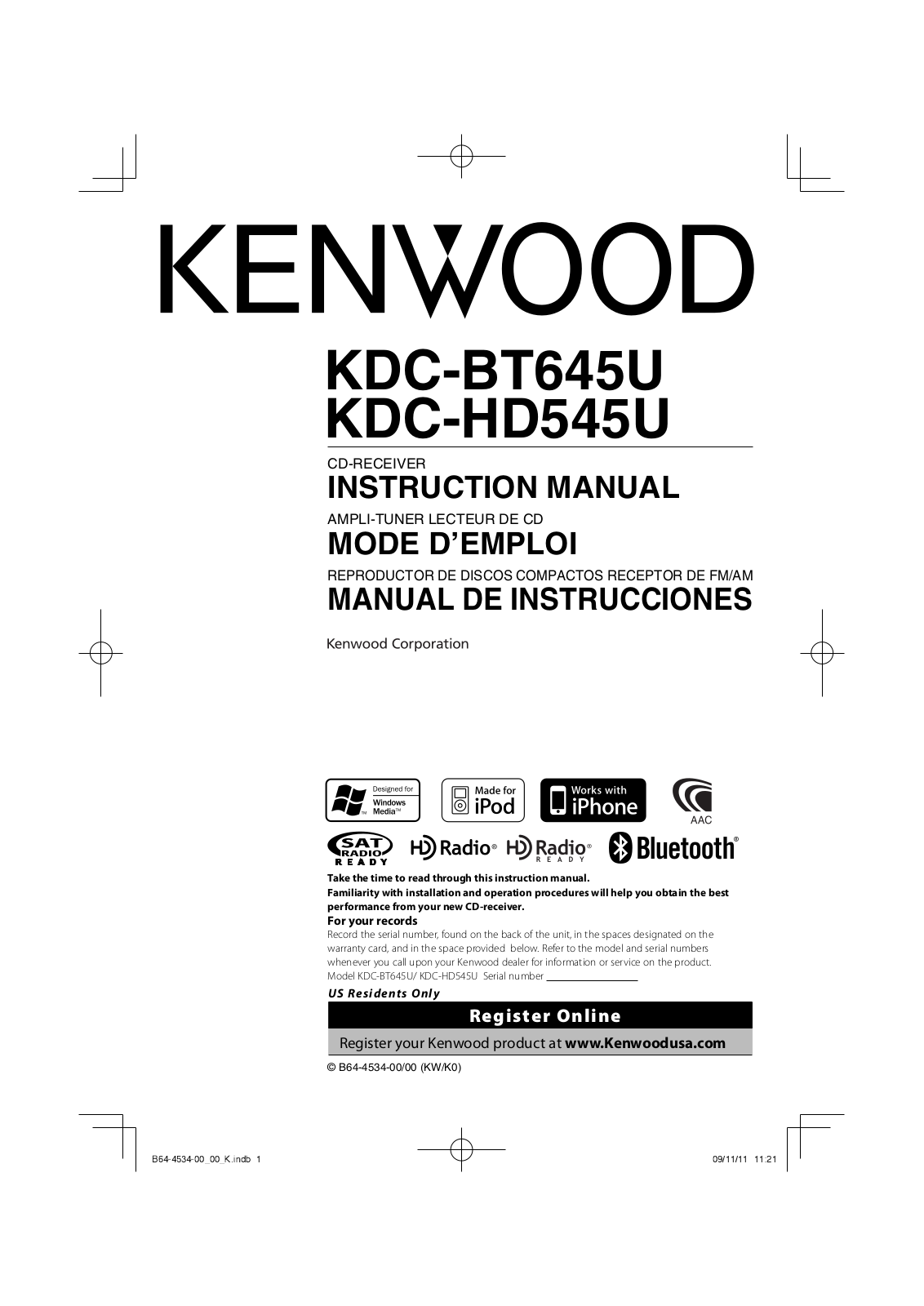 Kenwood KDC-BT645U, KDC-HD545U User Manual