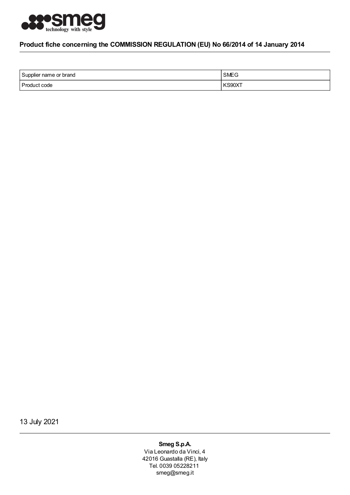 Smeg KS90XT product information sheet