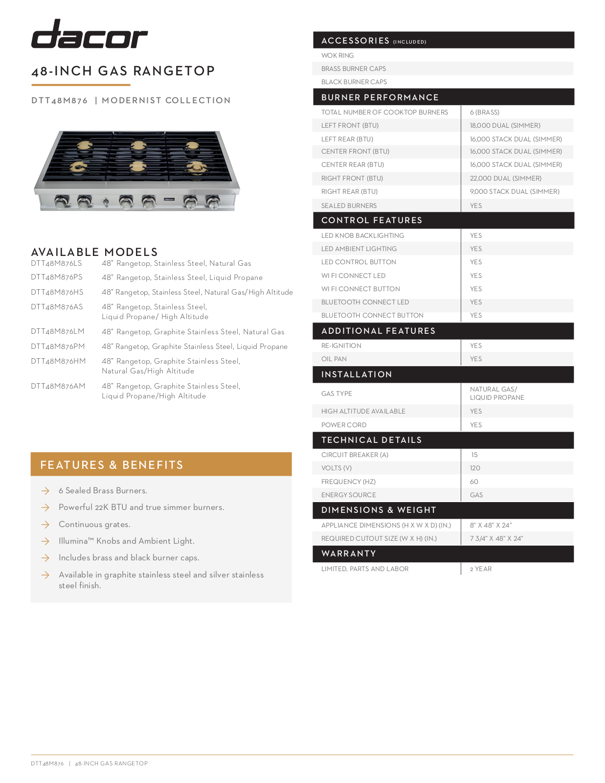 Dacor DTT48M876AS, DTT48M876HS Specs