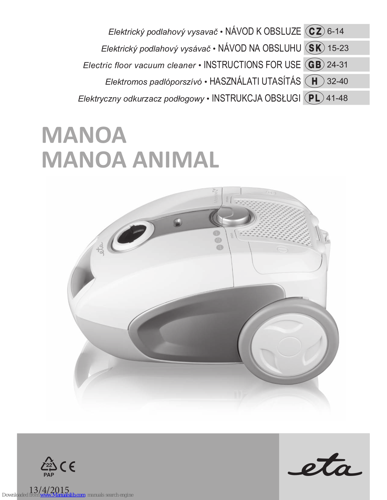 eta MANOA, MANOA ANIMAL Instructions For Use Manual