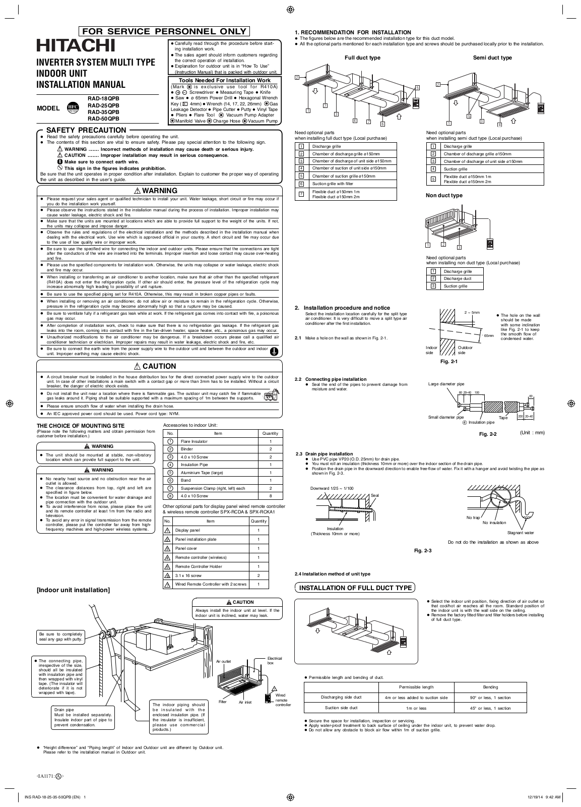 Hitachi RAD-18QPB, RAD-25QPB, RAD-50QPB, RAD-35QPB Installation guide