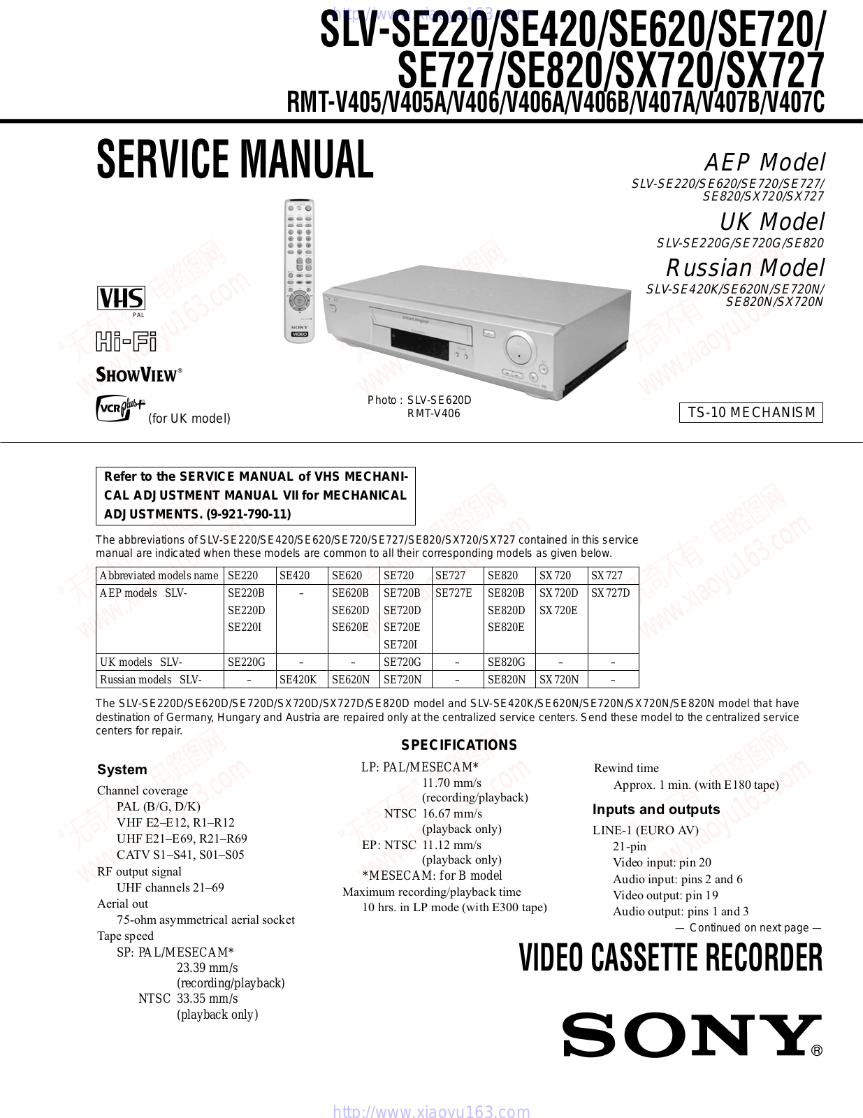 Sony SLV-SX727, SLV-SE420, RMT-V405, RMT-V405A, RMT-V406 Service Manual