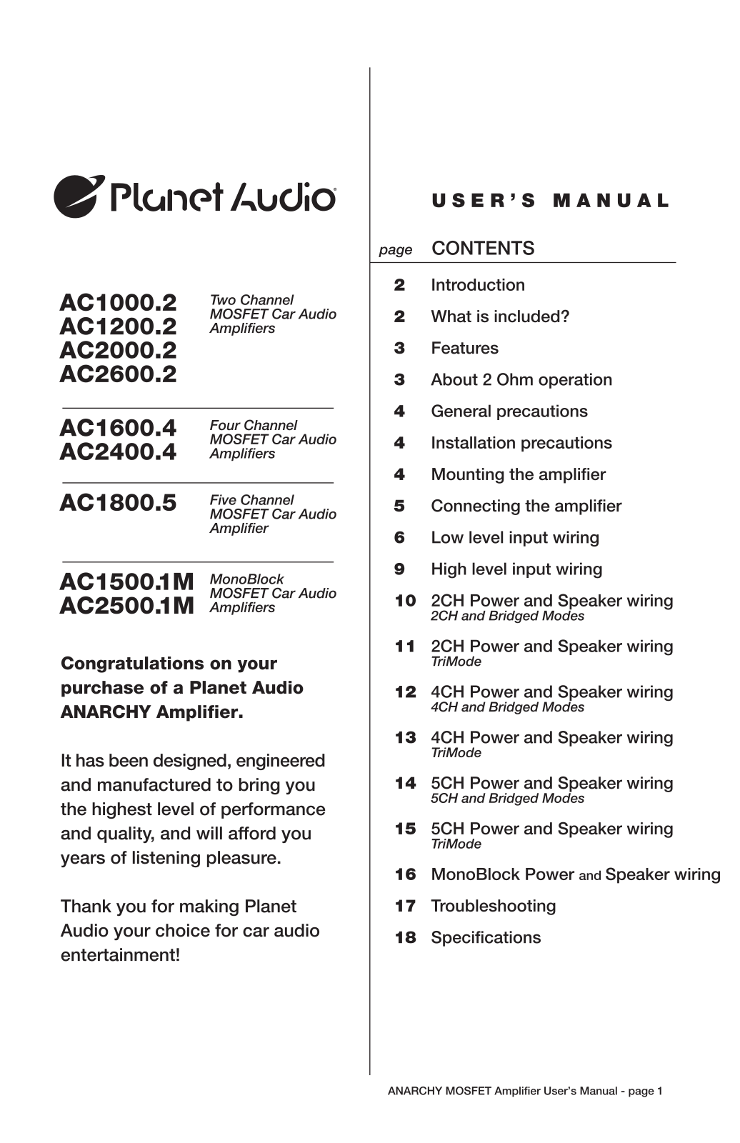 Planet Audio AC1000.2, AC1200.2, AC1500.1M, AC1600.4, AC1800.5 User Manual