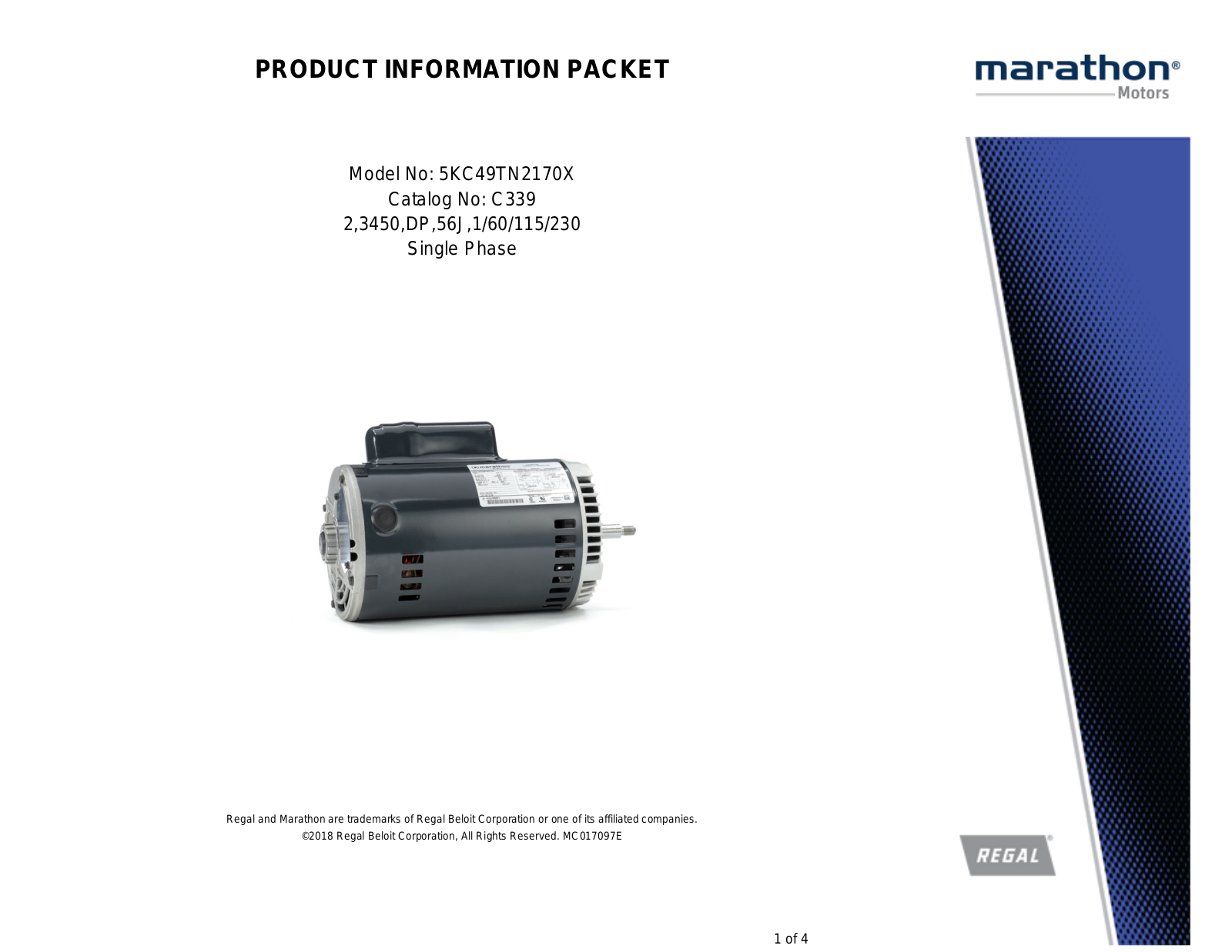 Marathon Electric 5KC49TN2170X Product Information Packet