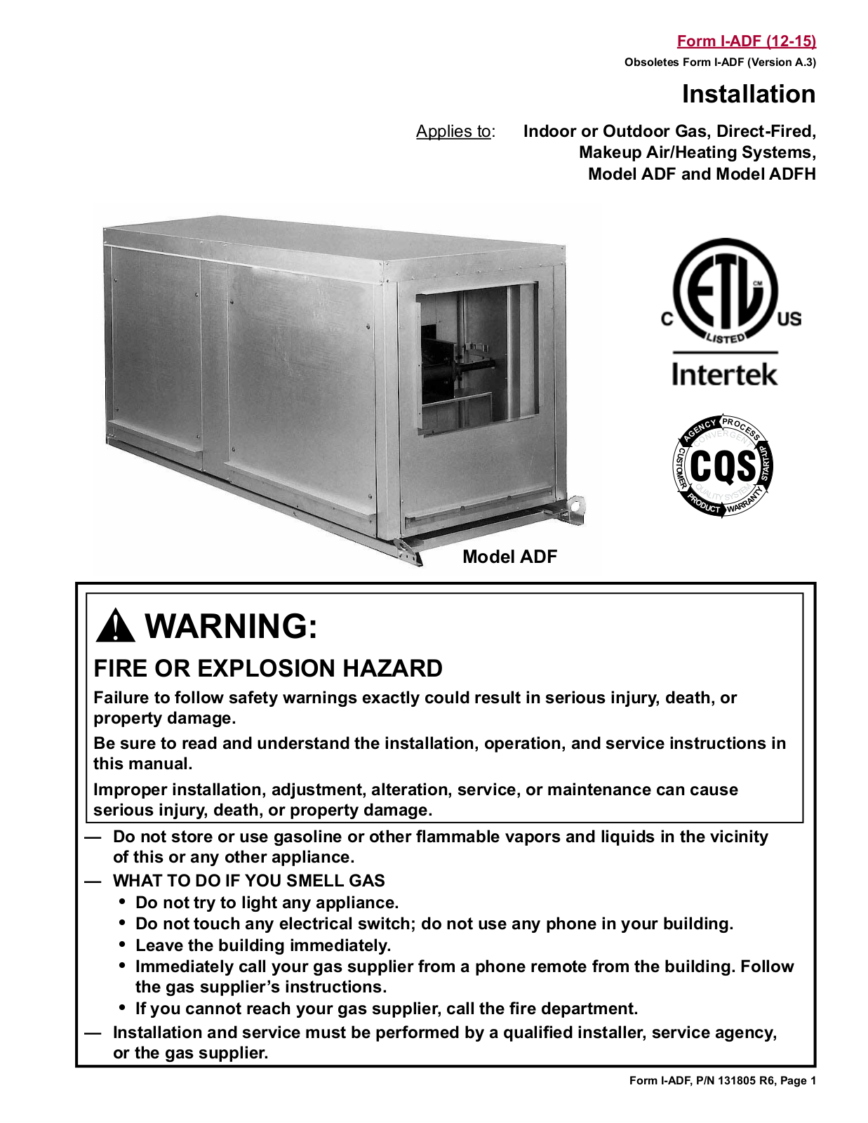 Reznor ADF1200 Installation  Manual