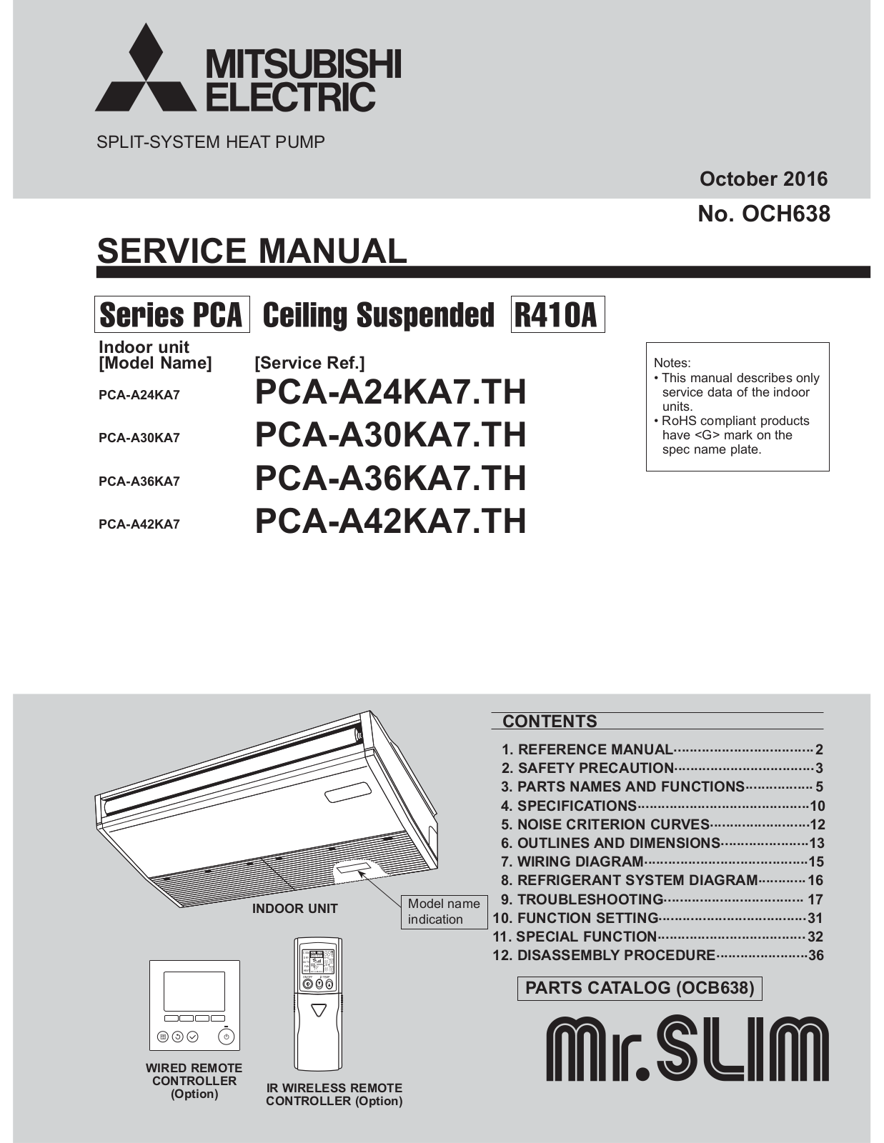 Mitsubishi Electric PCA, PCA-A42KA7, PCA-A36KA7, PCA-A24KA7, PCA-A30KA7 Service Manual