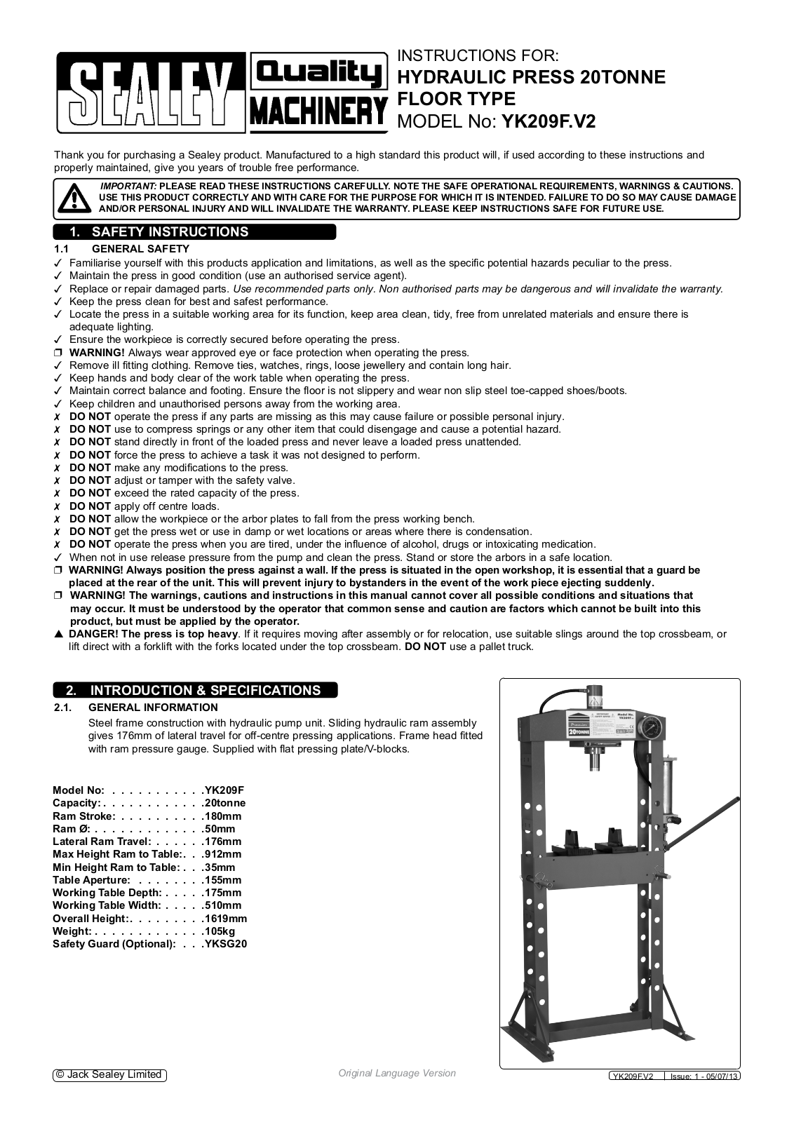 Sealey YK209F.V2 Instructions For Use Manual