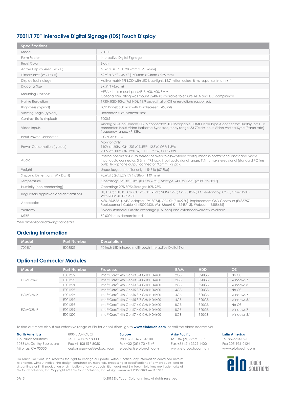 Elo E001292, E001295, E001294, E001298, E001297 Datasheet