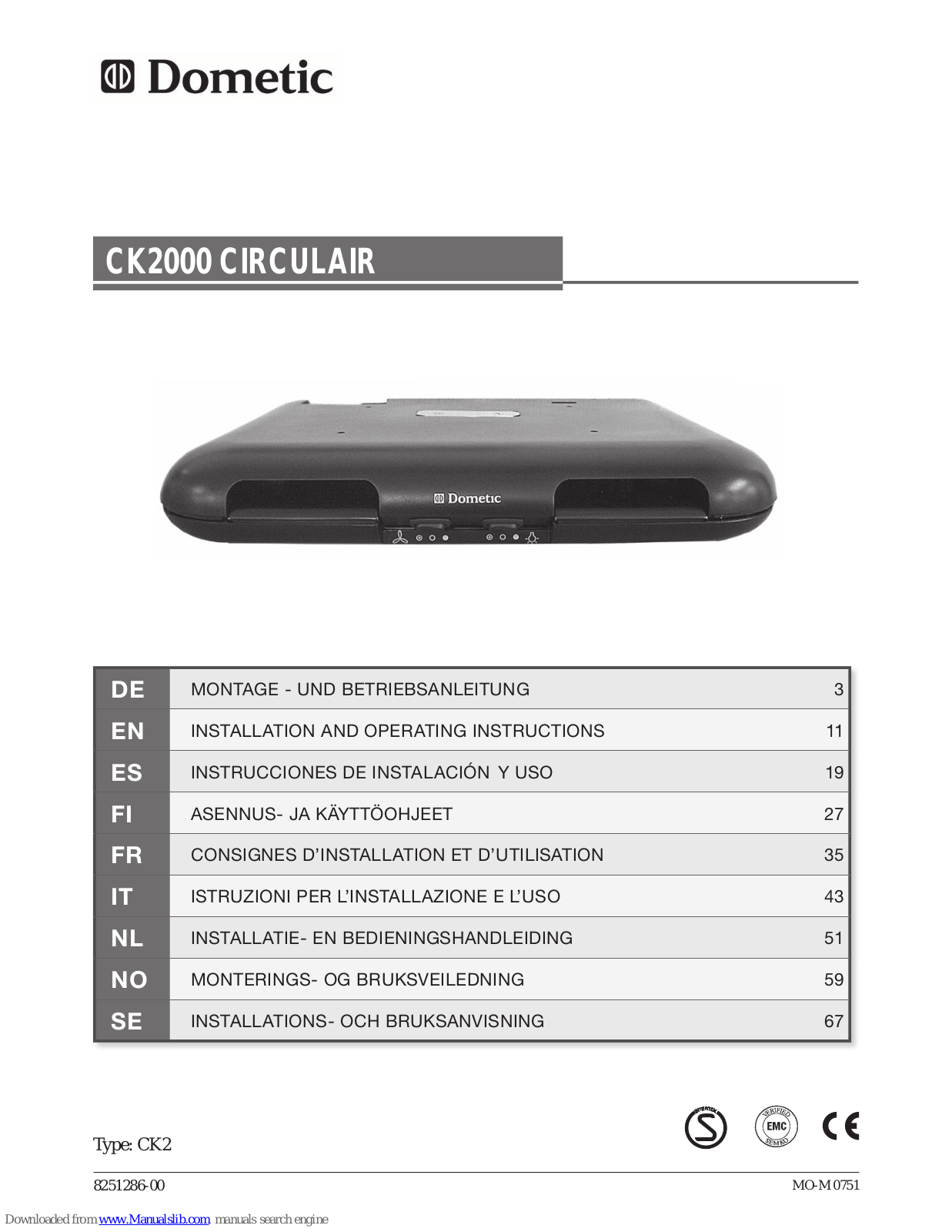 Dometic CK2000 circulair Installation And Operating Instructions Manual