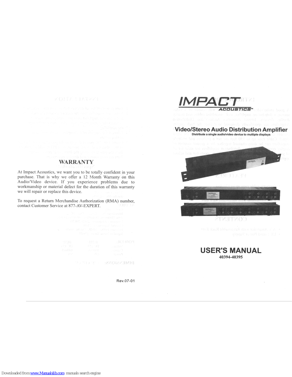 Impact Acoustics Video/Stereo Audio Distribution Amplifier, 40394, 40395 User Manual