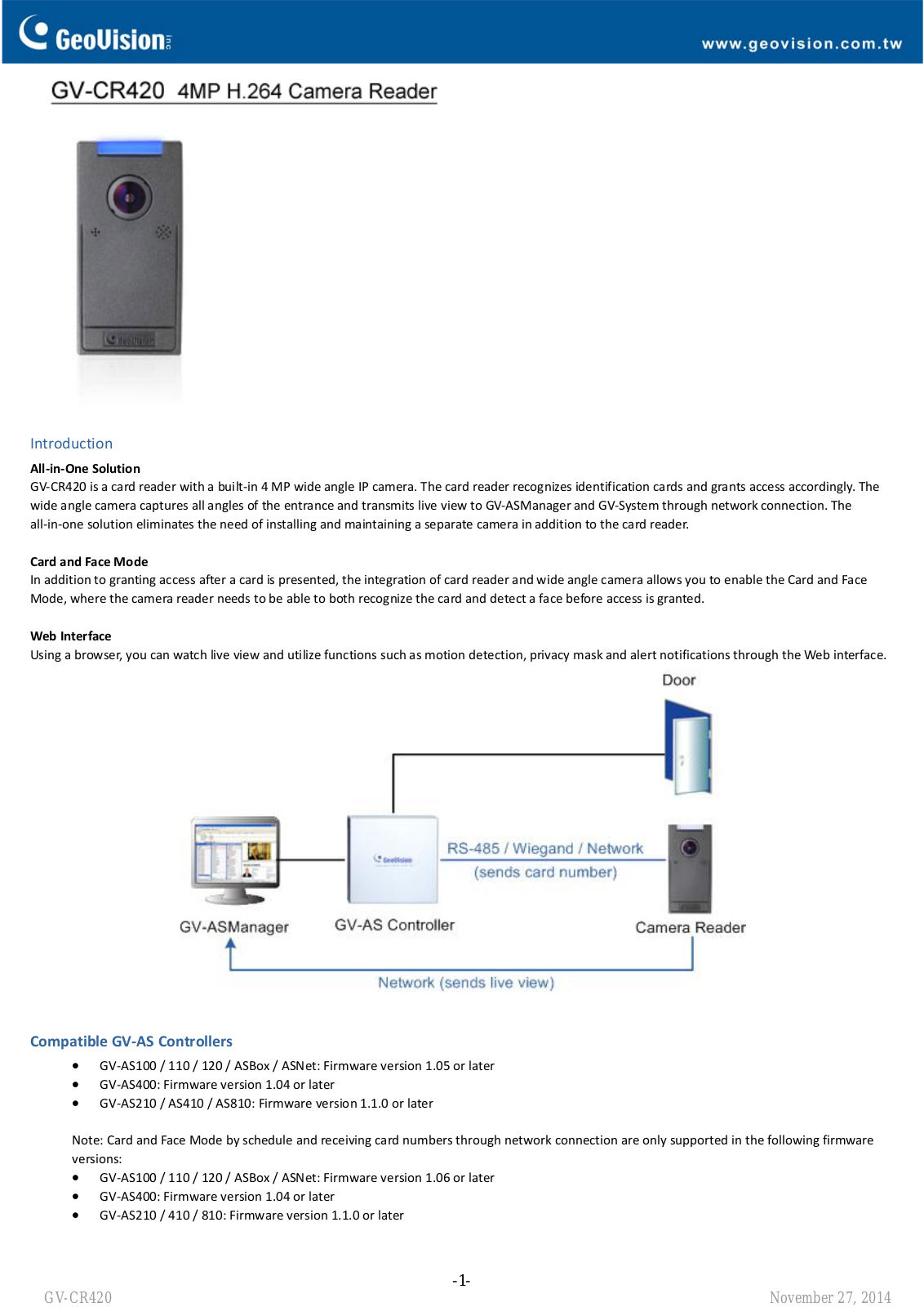 Geovision GV‐CR420 Specsheet