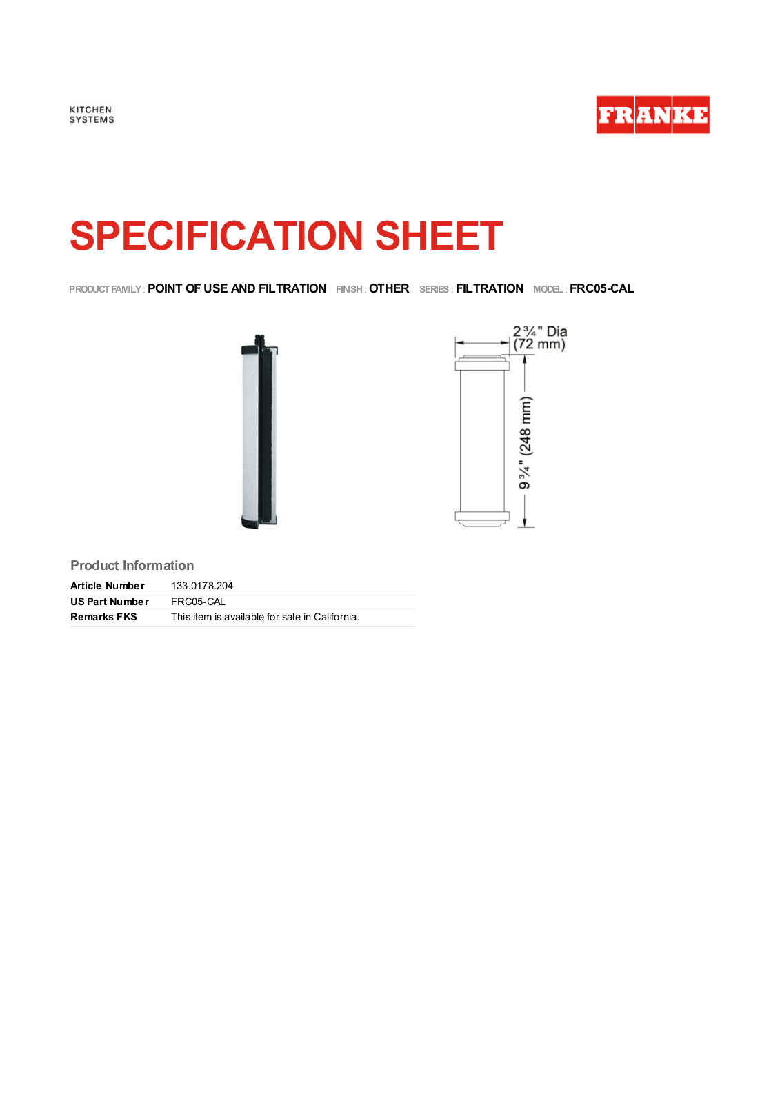 Franke Foodservice FRC05-CAL User Manual