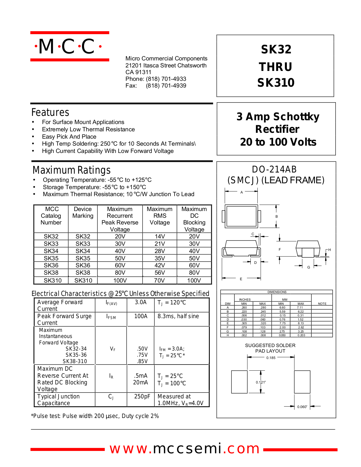 MCC SK310, SK32, SK36, SK38, SK34 Datasheet