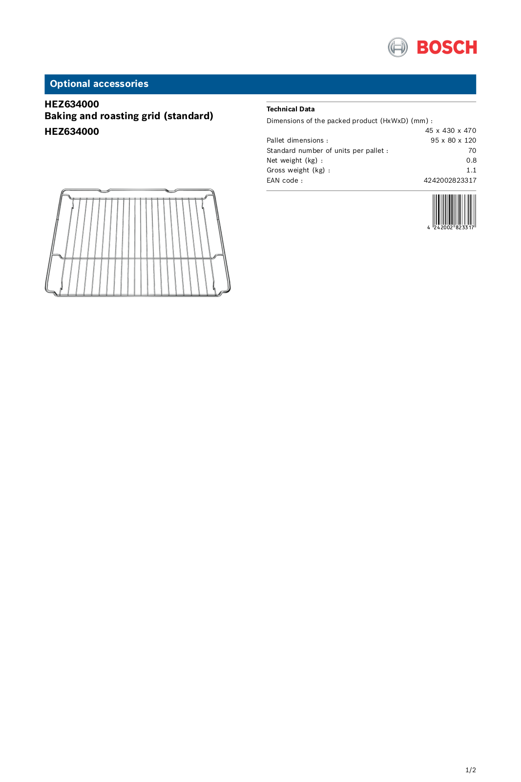 Bosch HEZ634000 Specifications Sheet