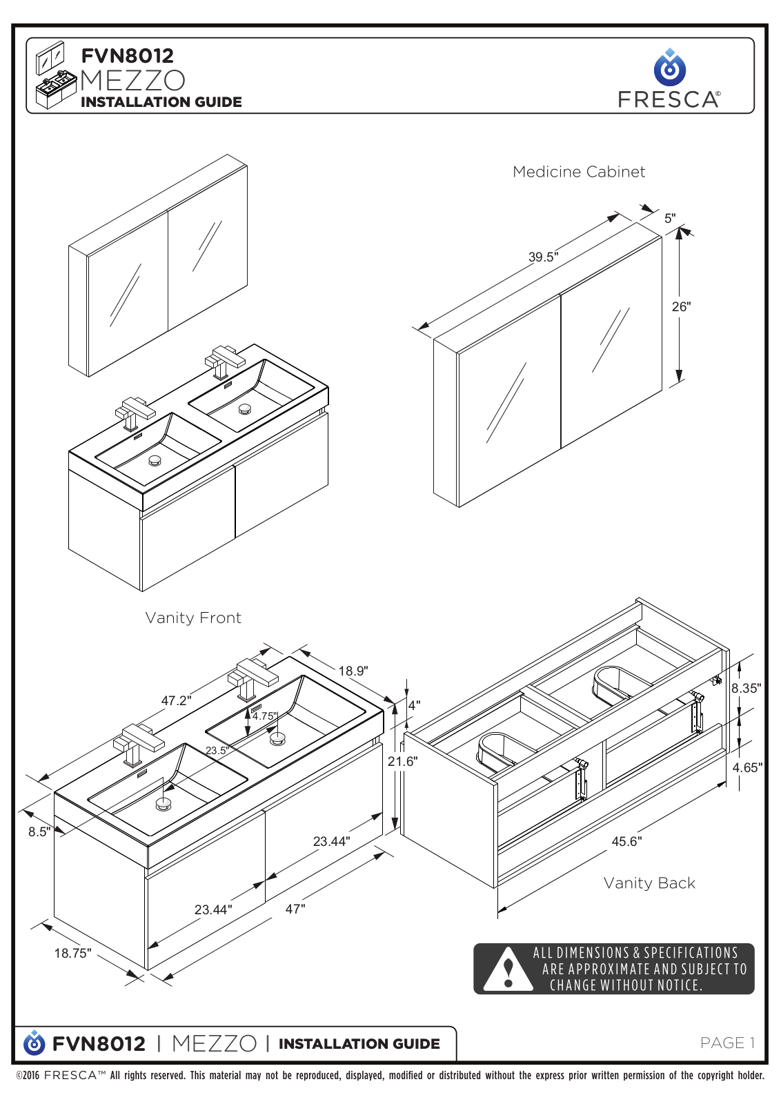 Fresca FVN8012WH Installation Manual