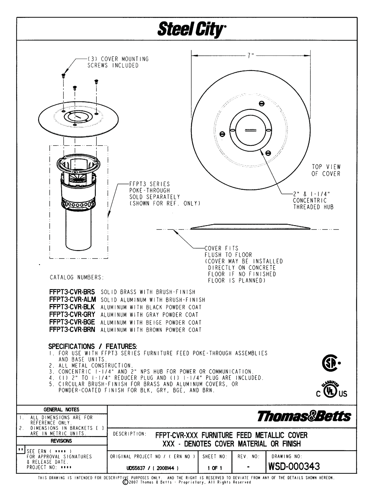 Thomas & Betts FFPT-CVR-XXX Data Sheet