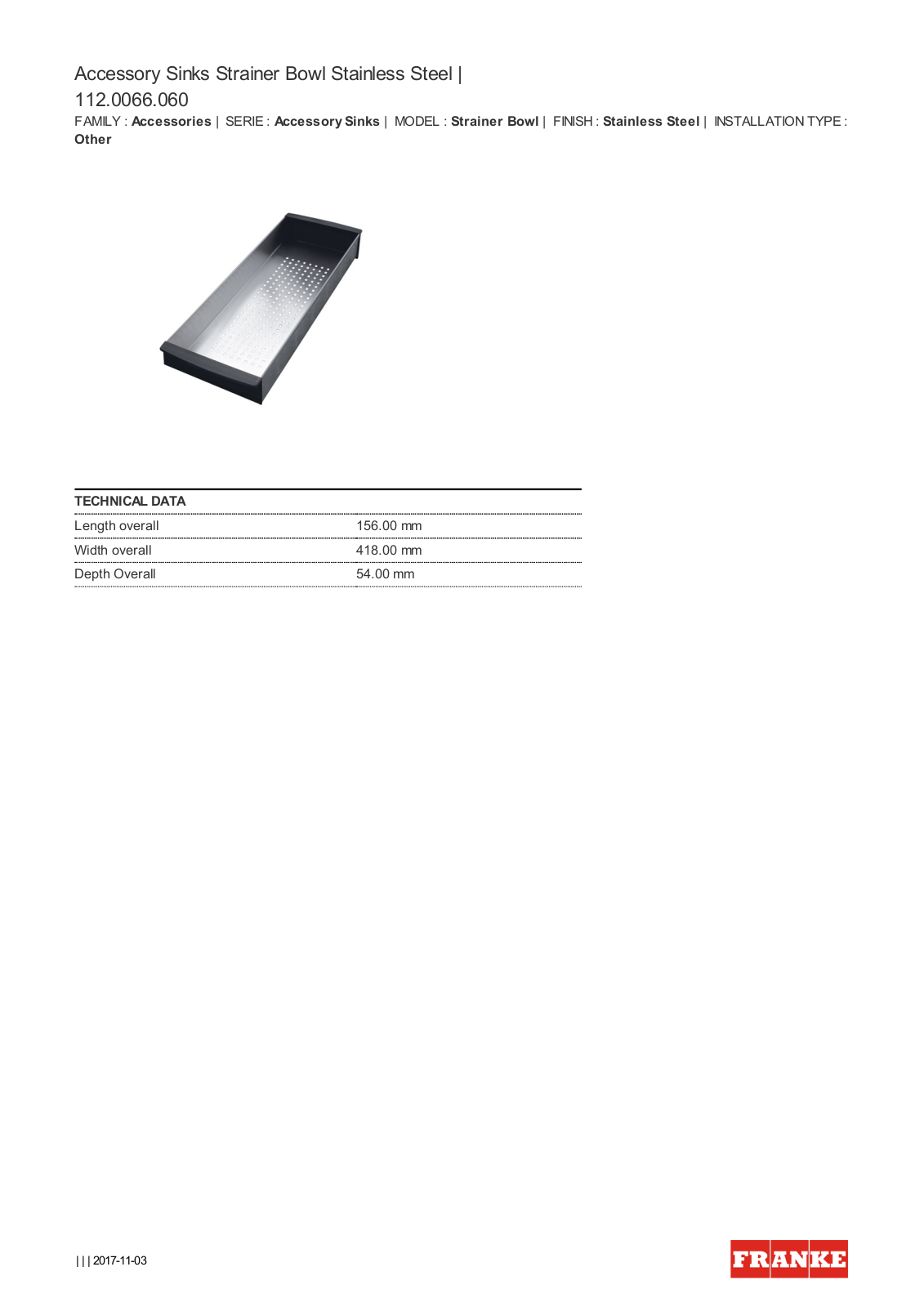 Franke SB060 Specifications Sheet