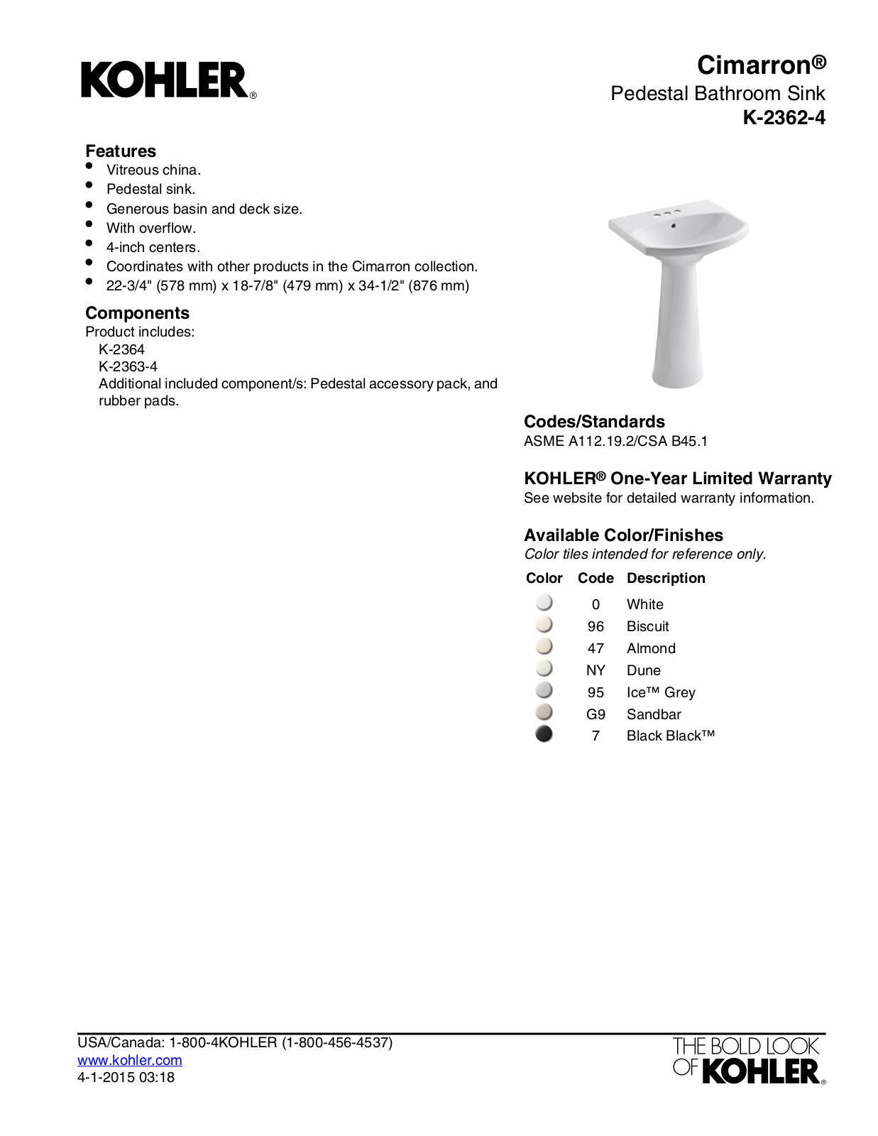 Kohler KOH18191 Specifications - ManualMachine.com